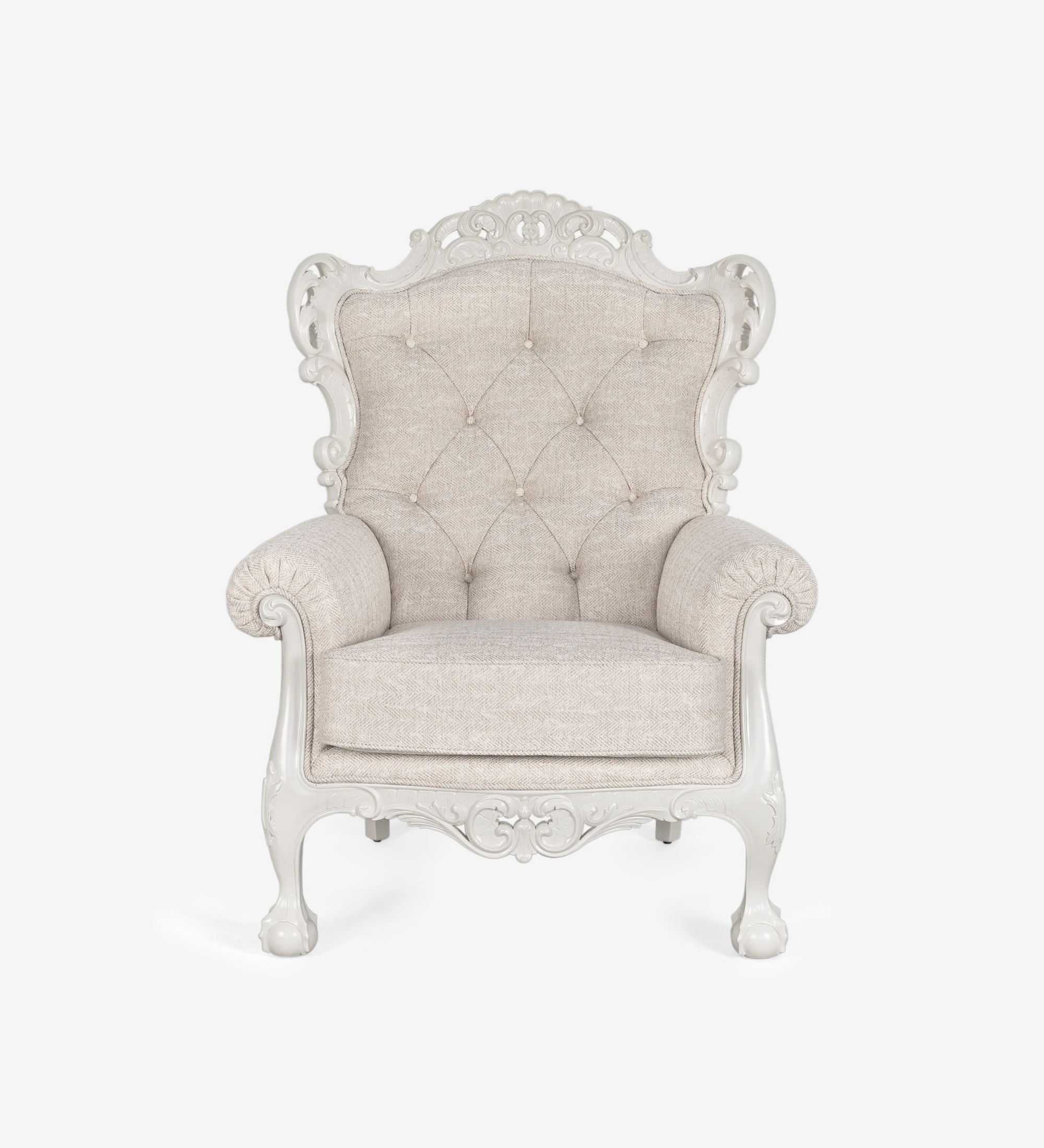 Paris armchair upholstered in beige fabric, structure and feet lacquered in pearl.