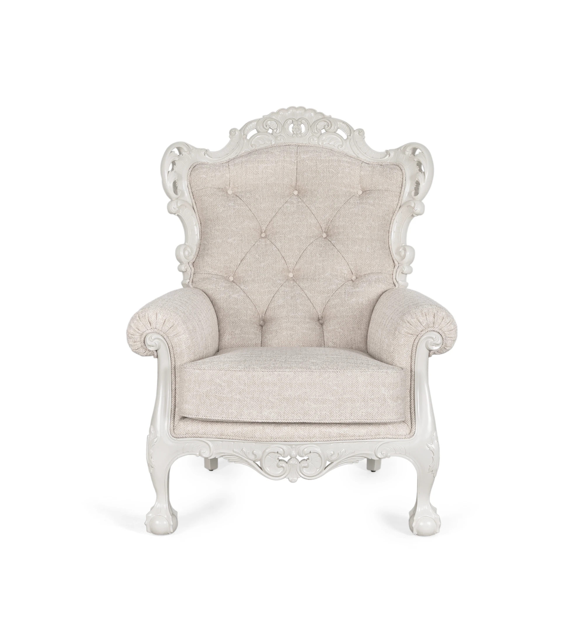 Fauteuil Paris recouvert en tissu beige, structure et pieds laqués perle.