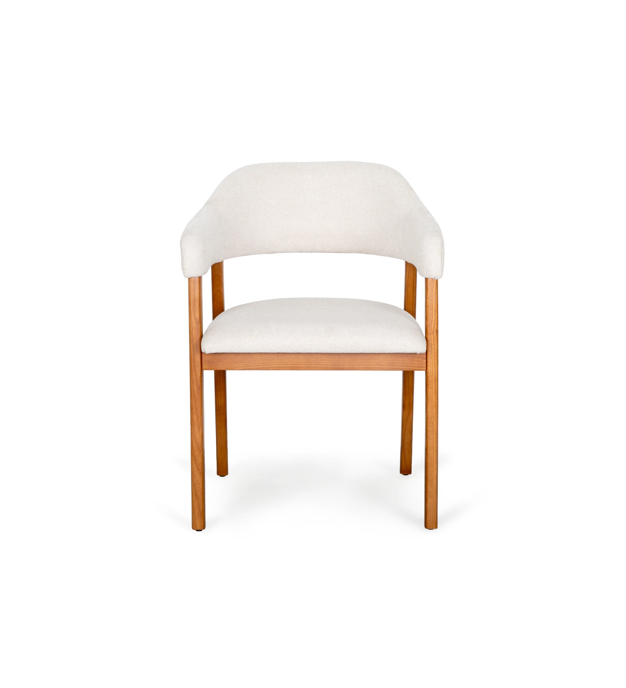 Silla con brazos, en madera de fresno color miel, con asiento y respaldo tapizados en tela