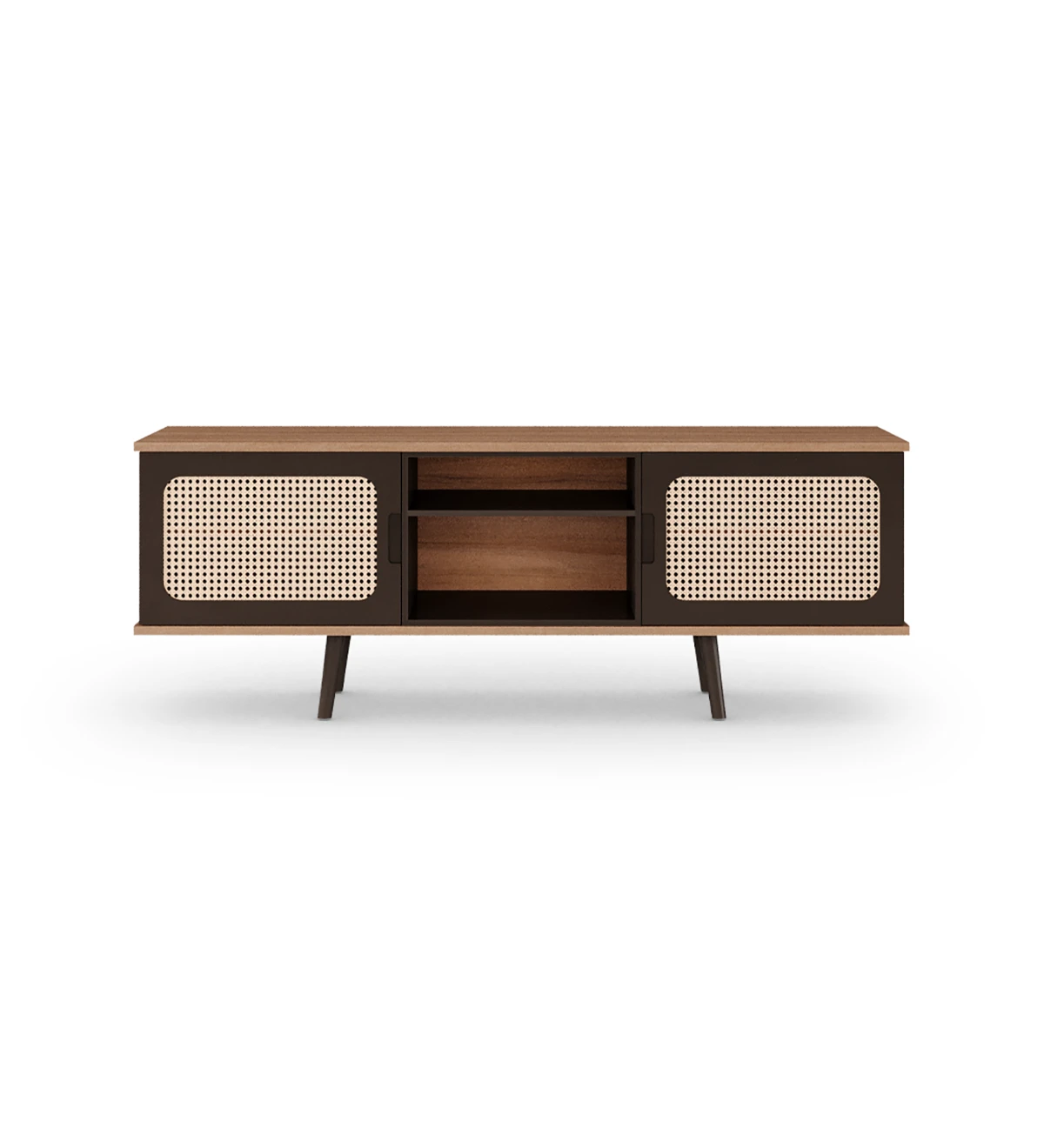Malmo TV stand 2 doors, rattan detail, dark brown lacquered module and feet, walnut structure, 160 x 58,8 cm.