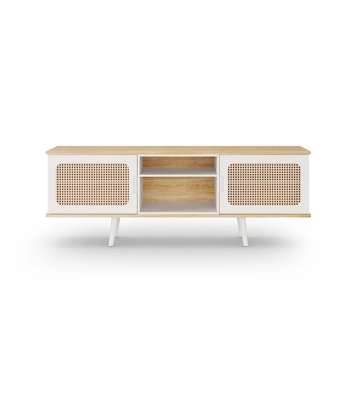 Malmo TV stand 2 doors, rattan detail, pearl lacquered module and feet, natural oak structure, 160 x 58,8 cm.