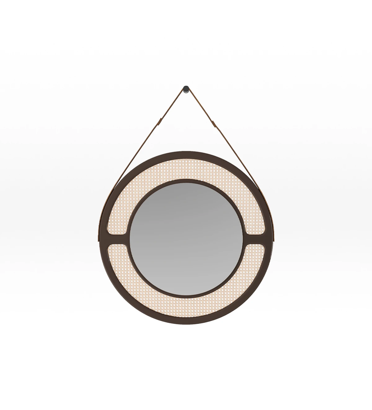 Round mirror, with dark brown lacquered structure, rattan detail.