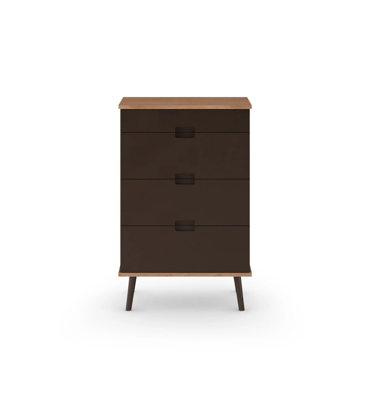 Dresser with 4 drawers with dark brown lacquered fronts, dark brown lacquered turned legs and walnut structure.