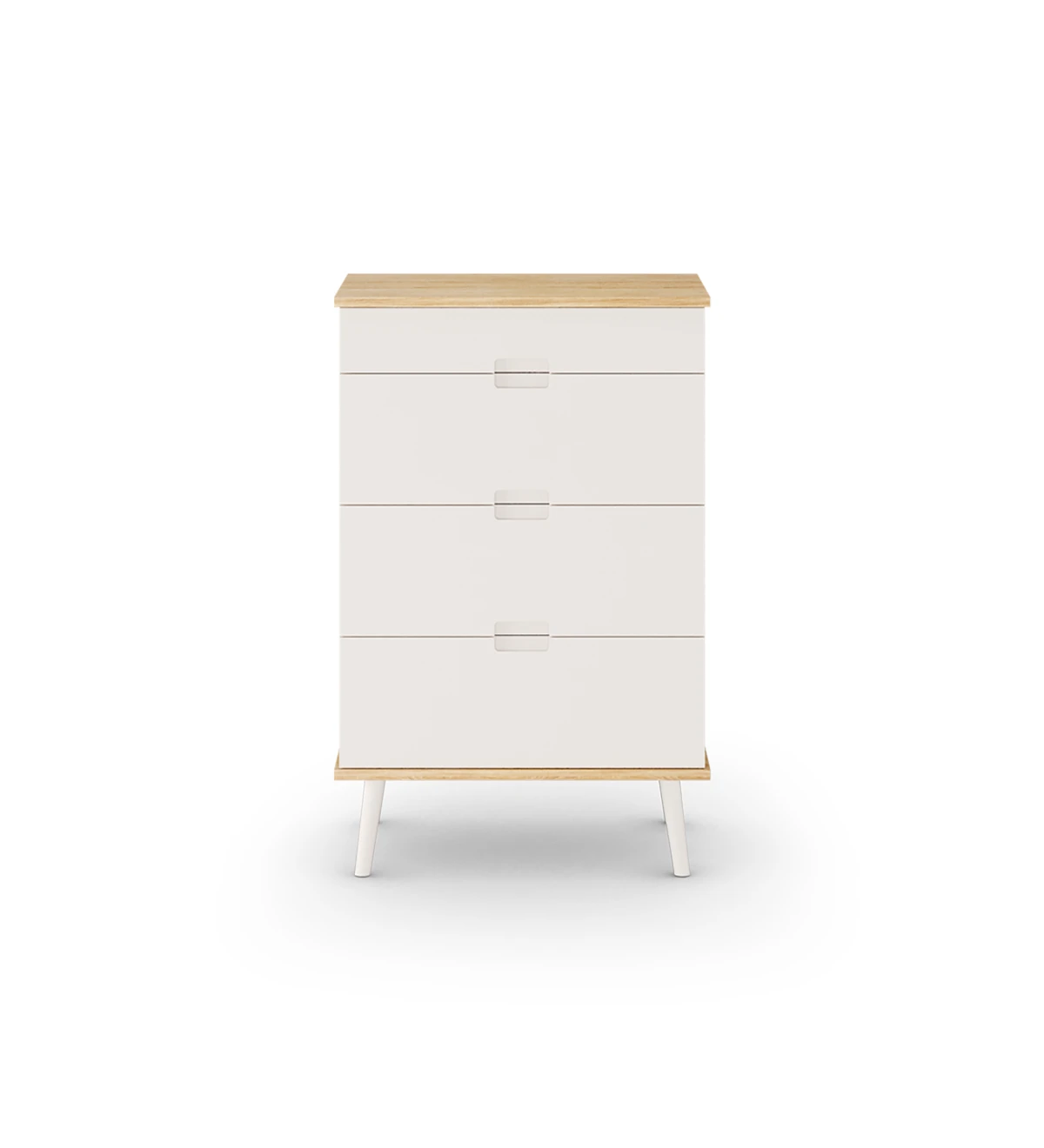 Dresser with 4 drawers with pearl lacquered fronts, pearl lacquered turned legs and natural oak structure.