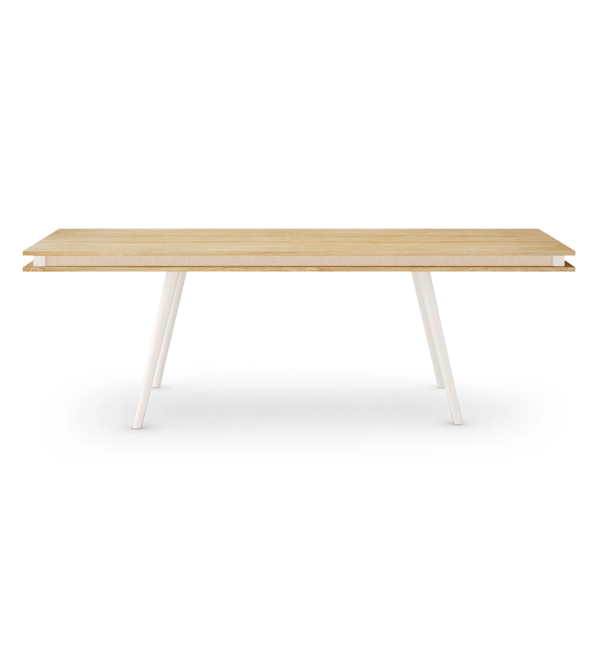 Malmo rectangular dining table 240 x 100 cm, natural oak top, pearl lacquered feet.