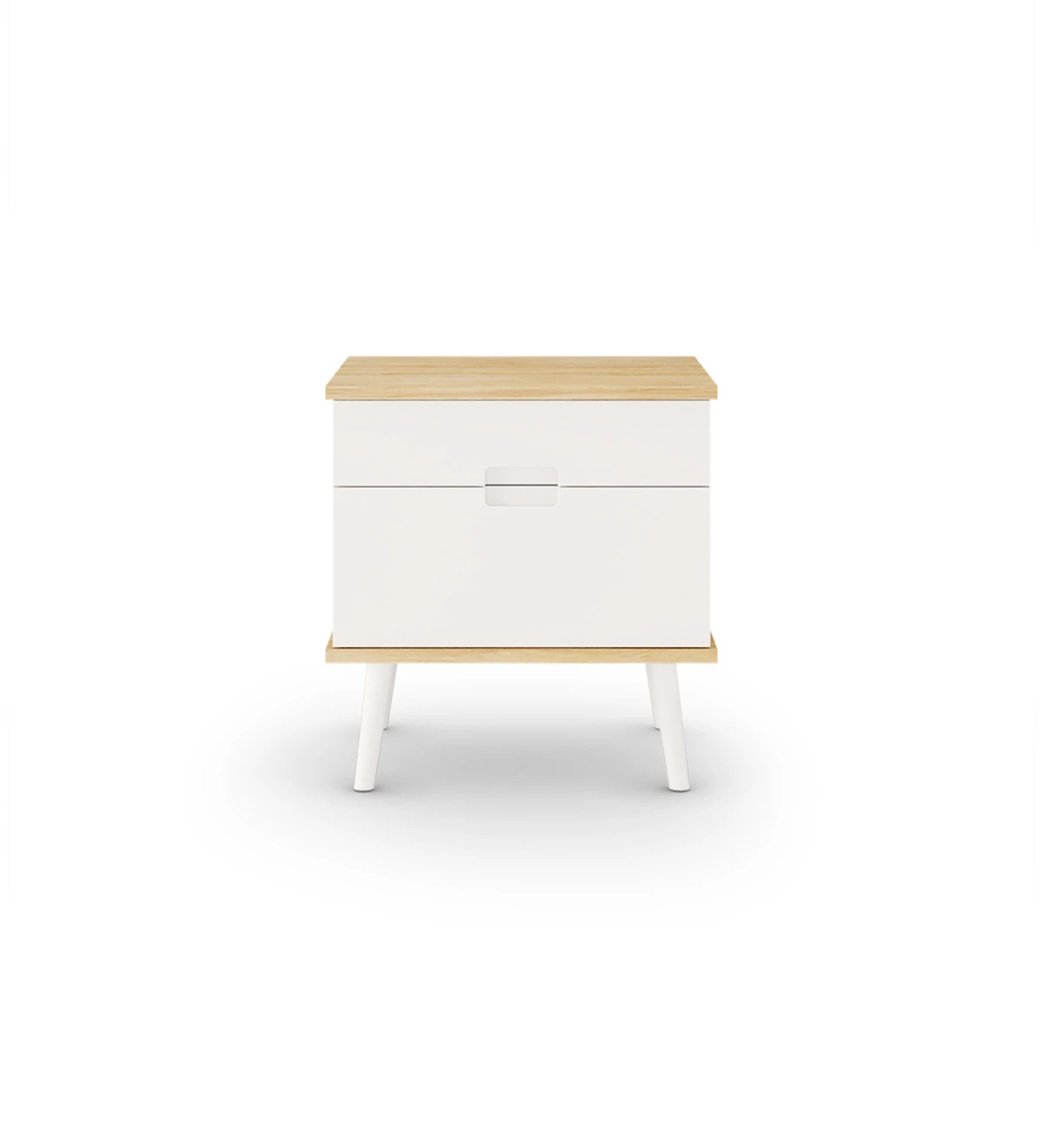 Bedside Table with 2 drawers and turned feet lacquered in pearl, natural oak structure.