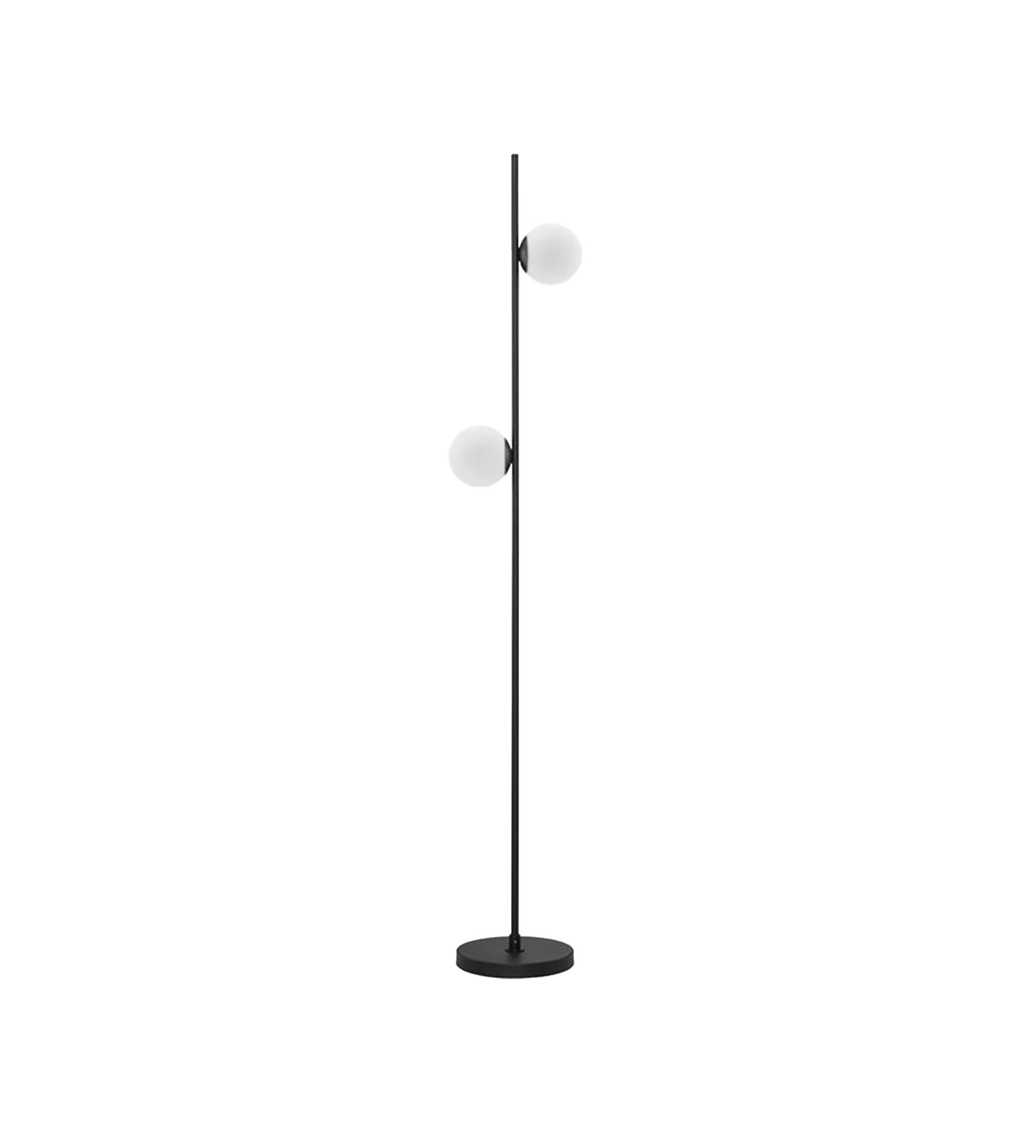 Lampadaire en aluminium noir avec diffuseurs en verre opale.