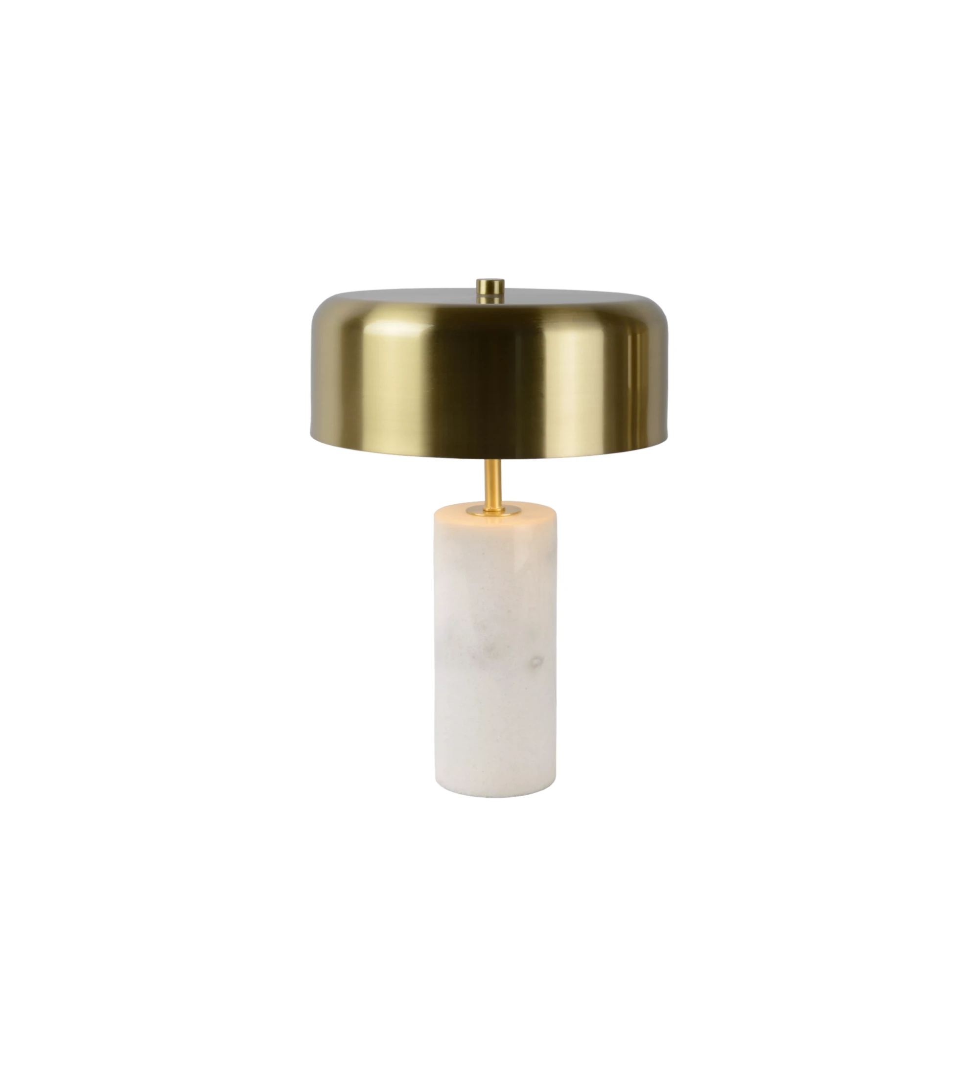  Table lamp with white marble base and matte golden brass shade.