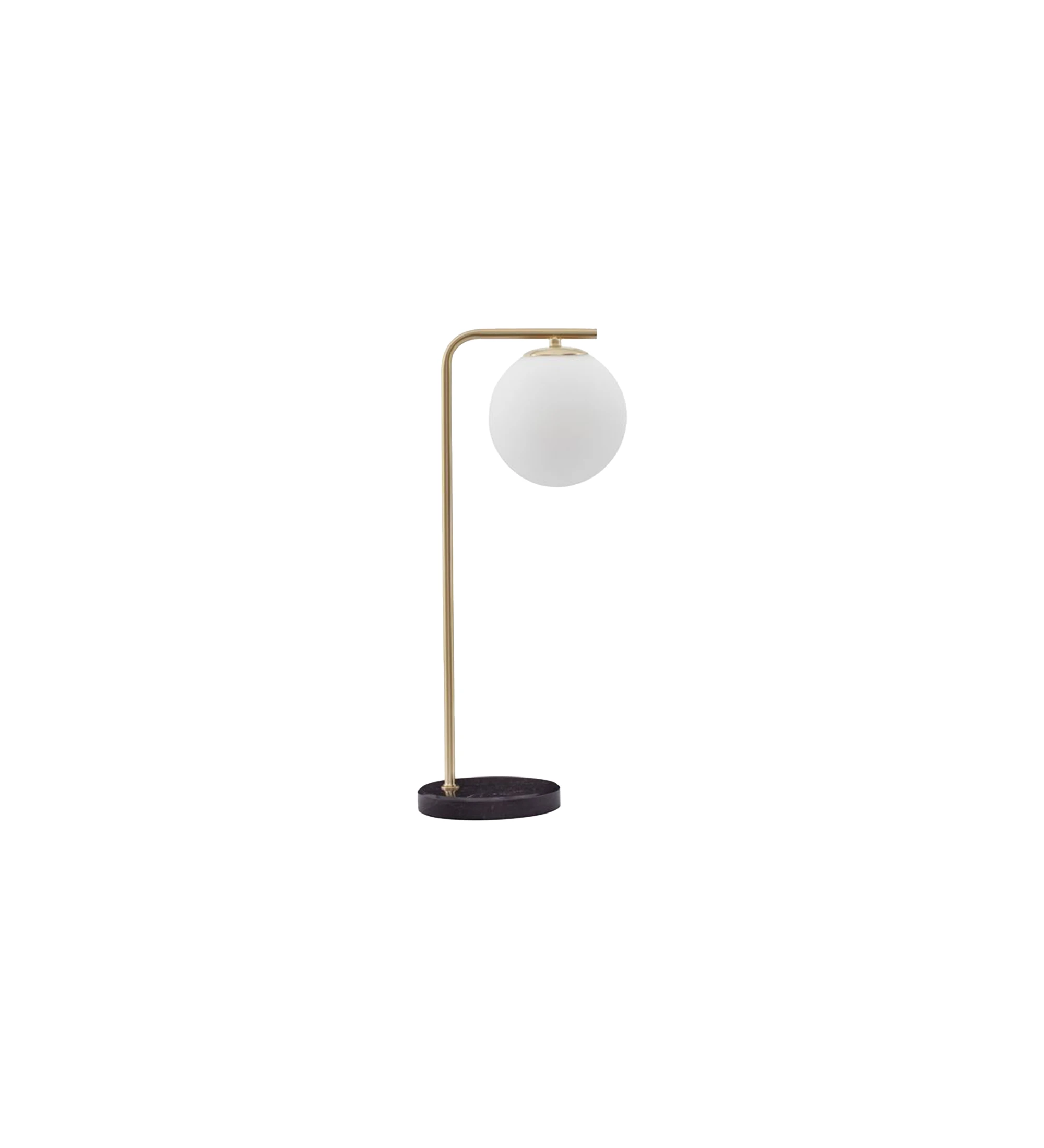  Table lamp with black marble base, golden metal structure and opal glass diffuser.