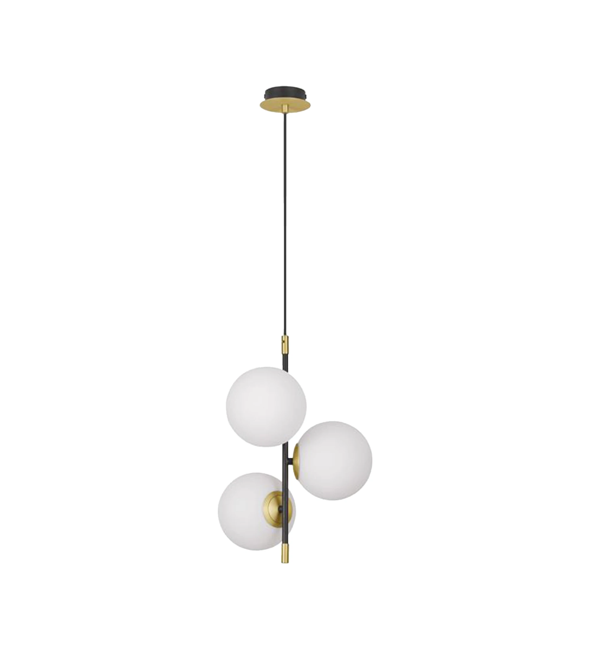 Lampe à suspension en métal noir et doré avec diffuseurs en verre opale.