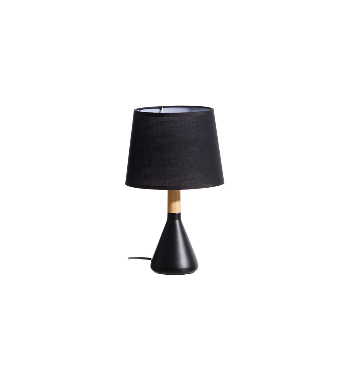  Table lamp with base in black painted metal and wood with black fabric shade.