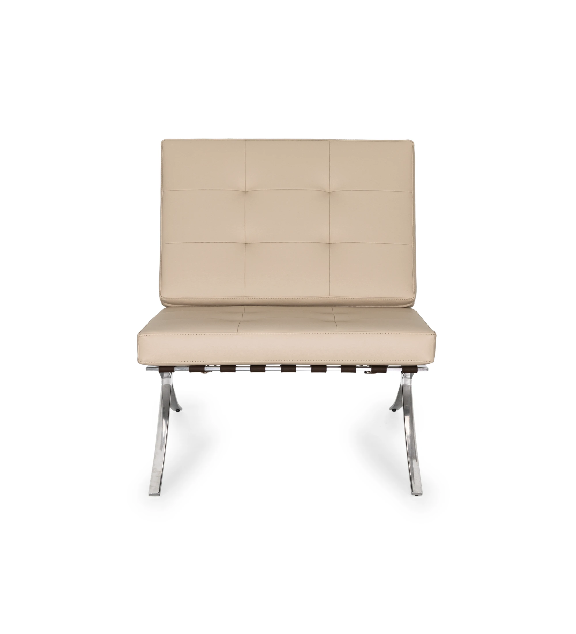 Barcelona armchair upholstered in beige eco-leather, stainless steel feet.