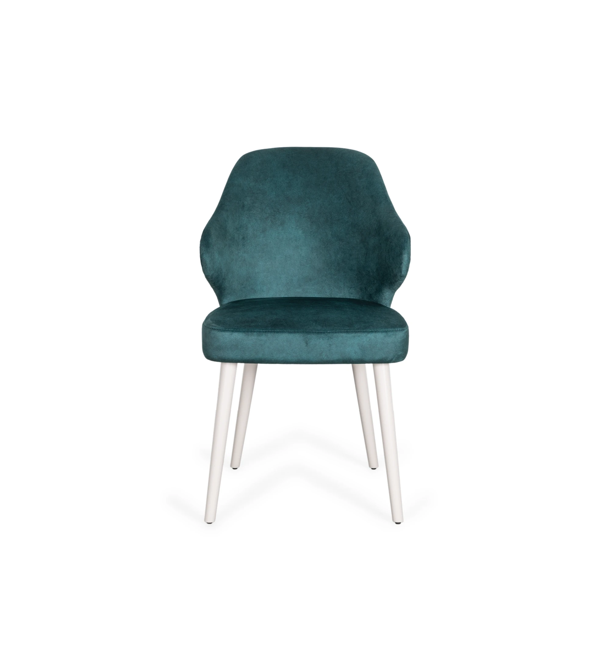 Chair upholstered in petroleum blue fabric, feet lacquered in pearl.