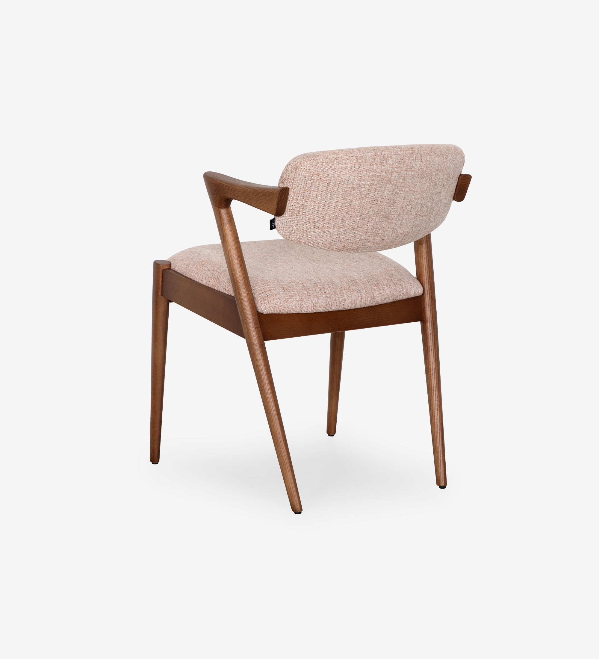 Silla Elba de madera oscura con asiento y respaldo tapizados en rosa claro, vista trasera