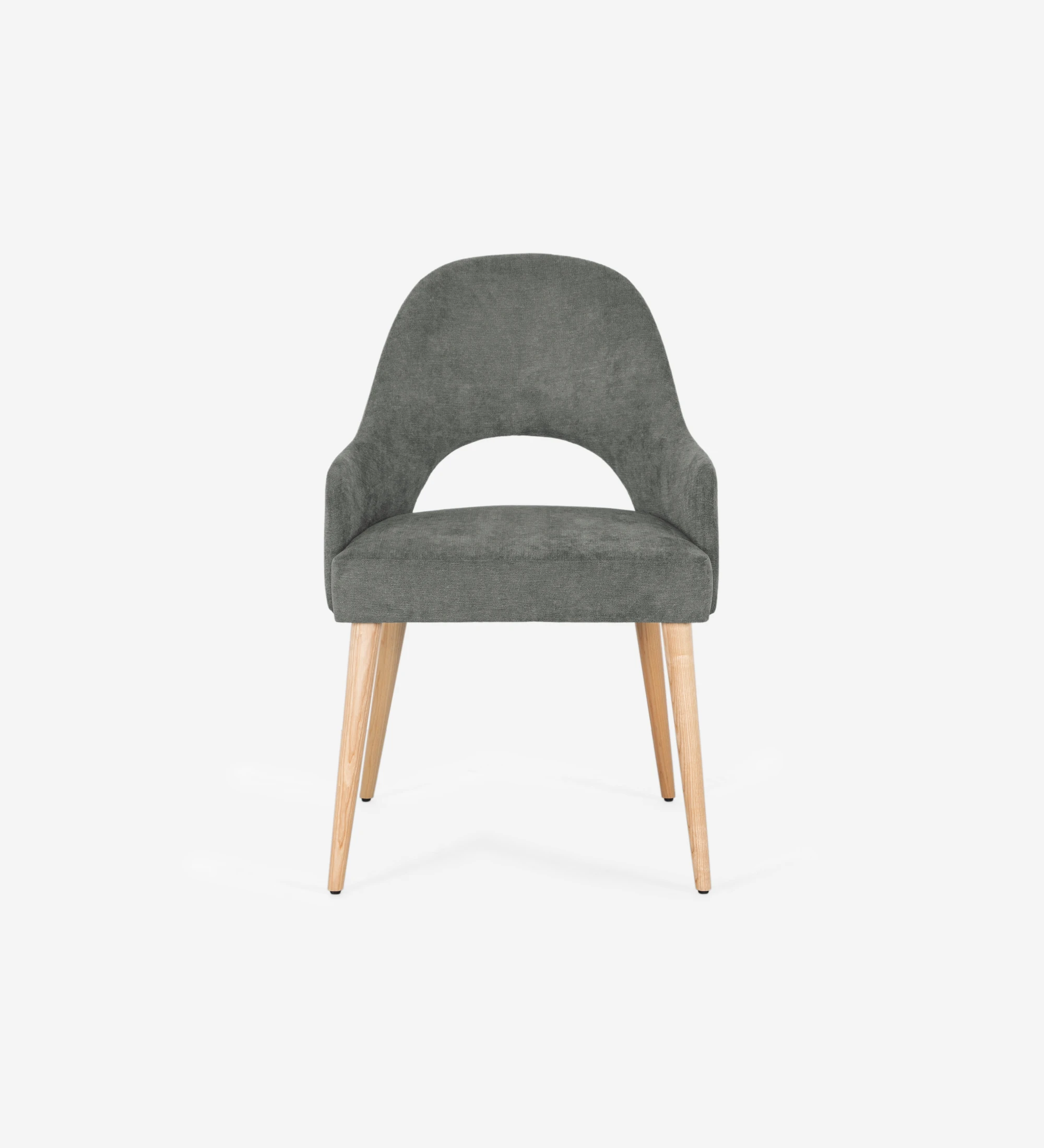 Cadeira Paris com braços, estofada a tecido verde, pés em madeira cor natural.