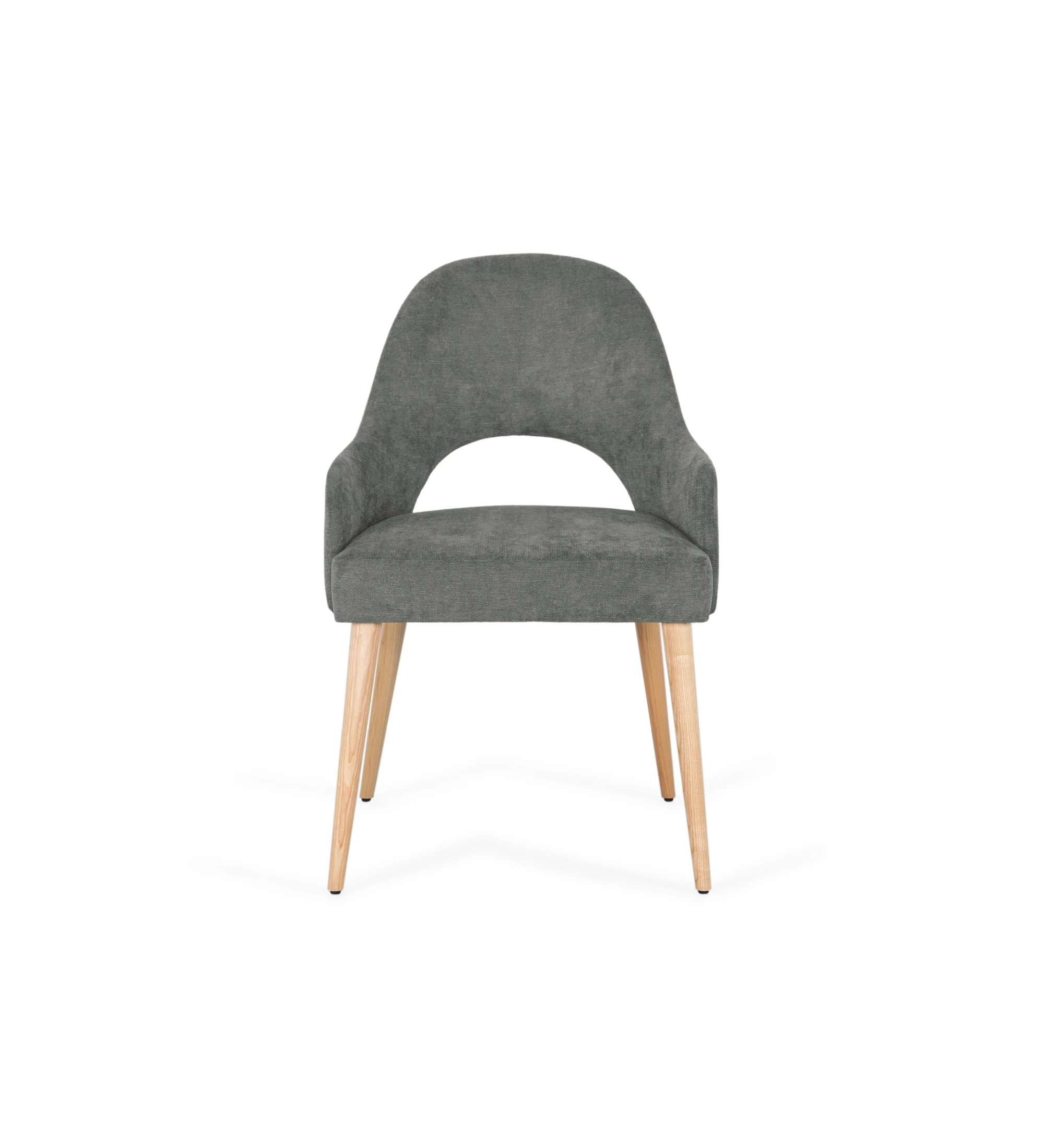 Cadeira Paris com braços, estofada a tecido verde, pés em madeira cor natural.