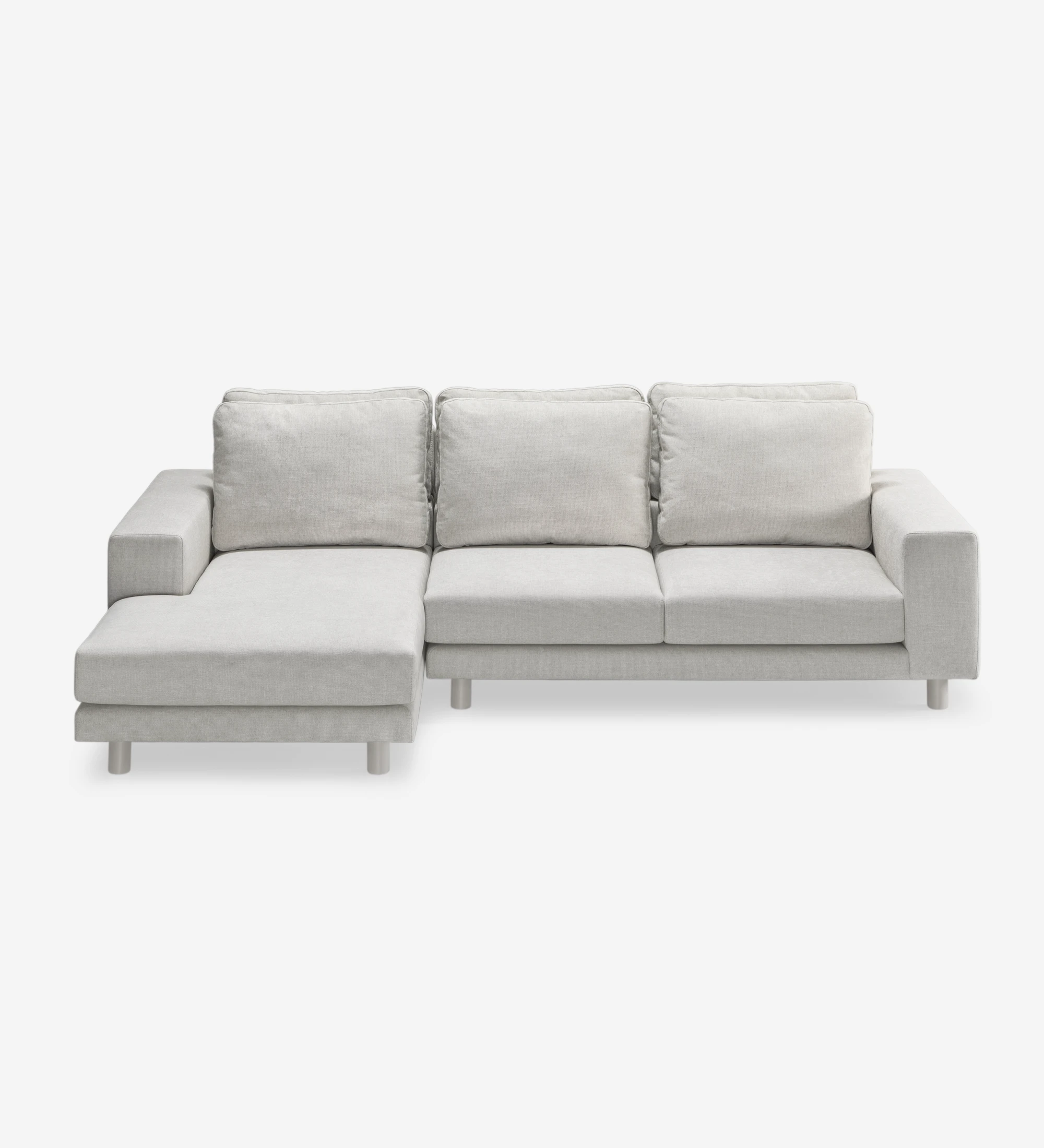 Sofá Dallas 2 plazas y chaise longue izquierda, tapizado en tela beige, cojines respaldo abatibles, pies lacados perla, 273 cm.