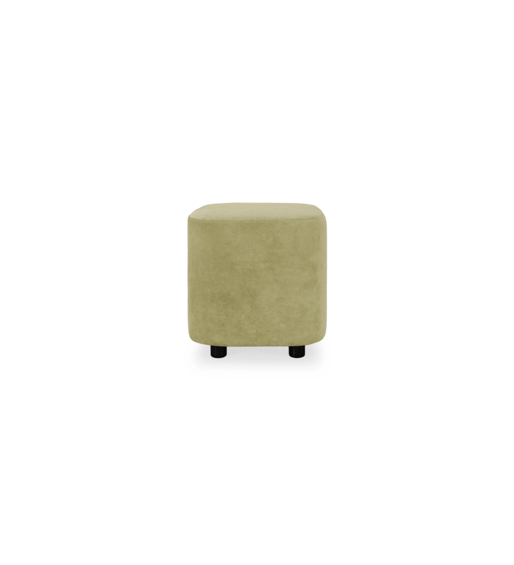 Pouf Cannes carré, recouvert en tissu vert, pieds noirs, 40 x 40 cm.