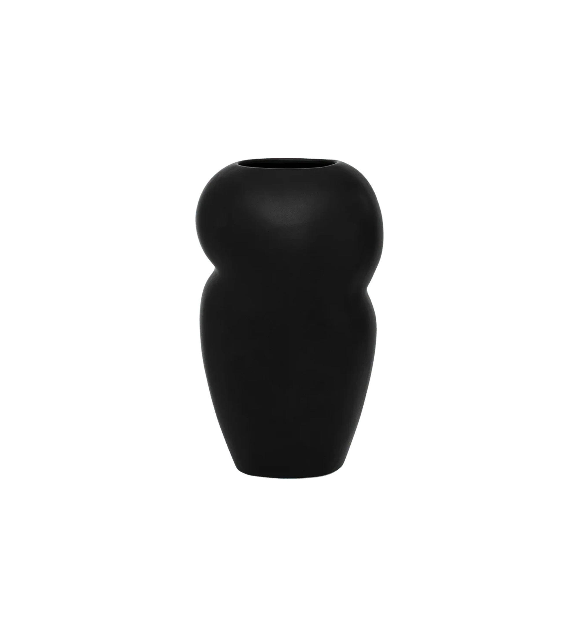 Vase fait main avec une structure en argile noire mate et un design organique et abstrait.