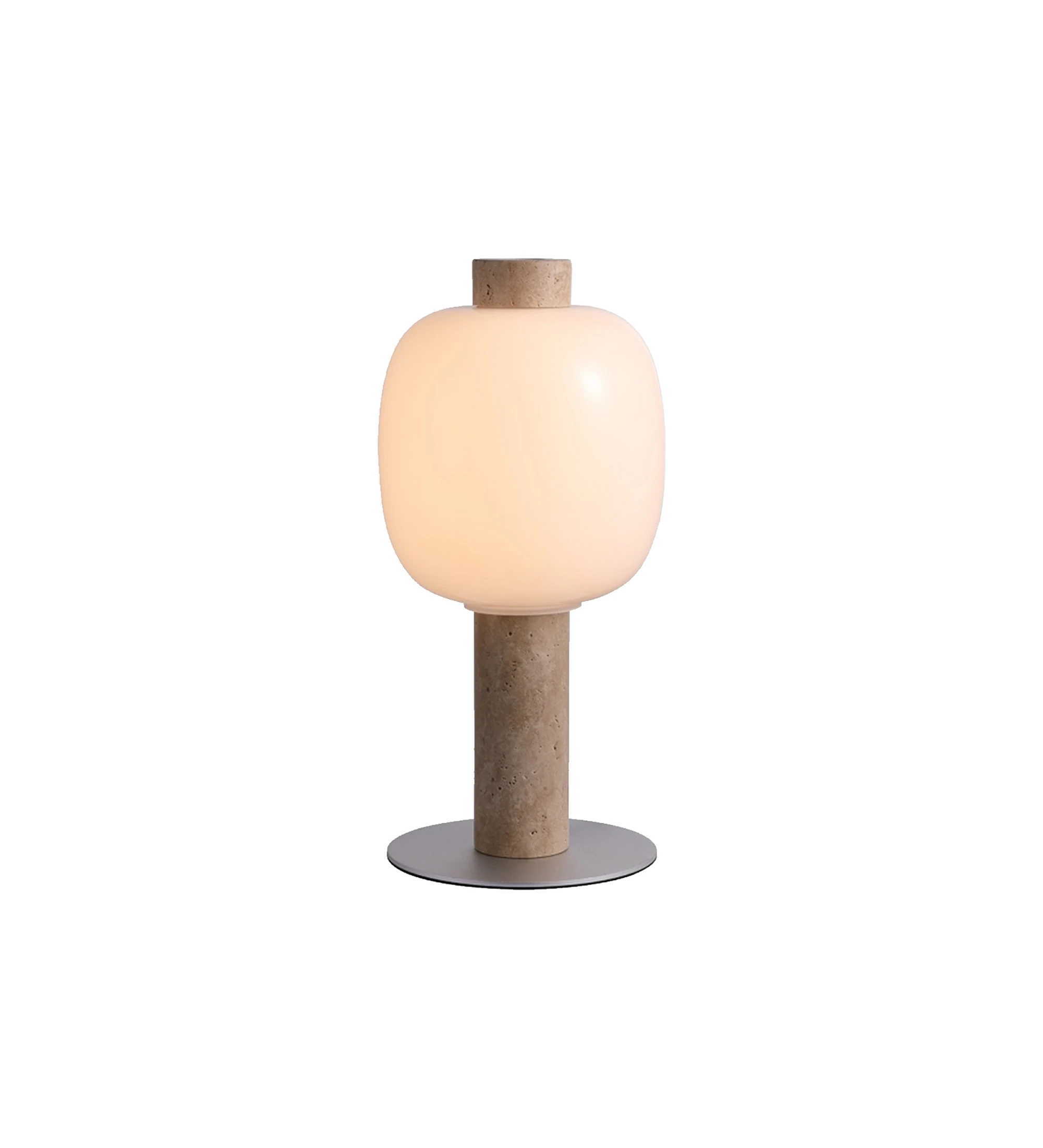 Table lamp with beige stone base and opal glass lampshade.