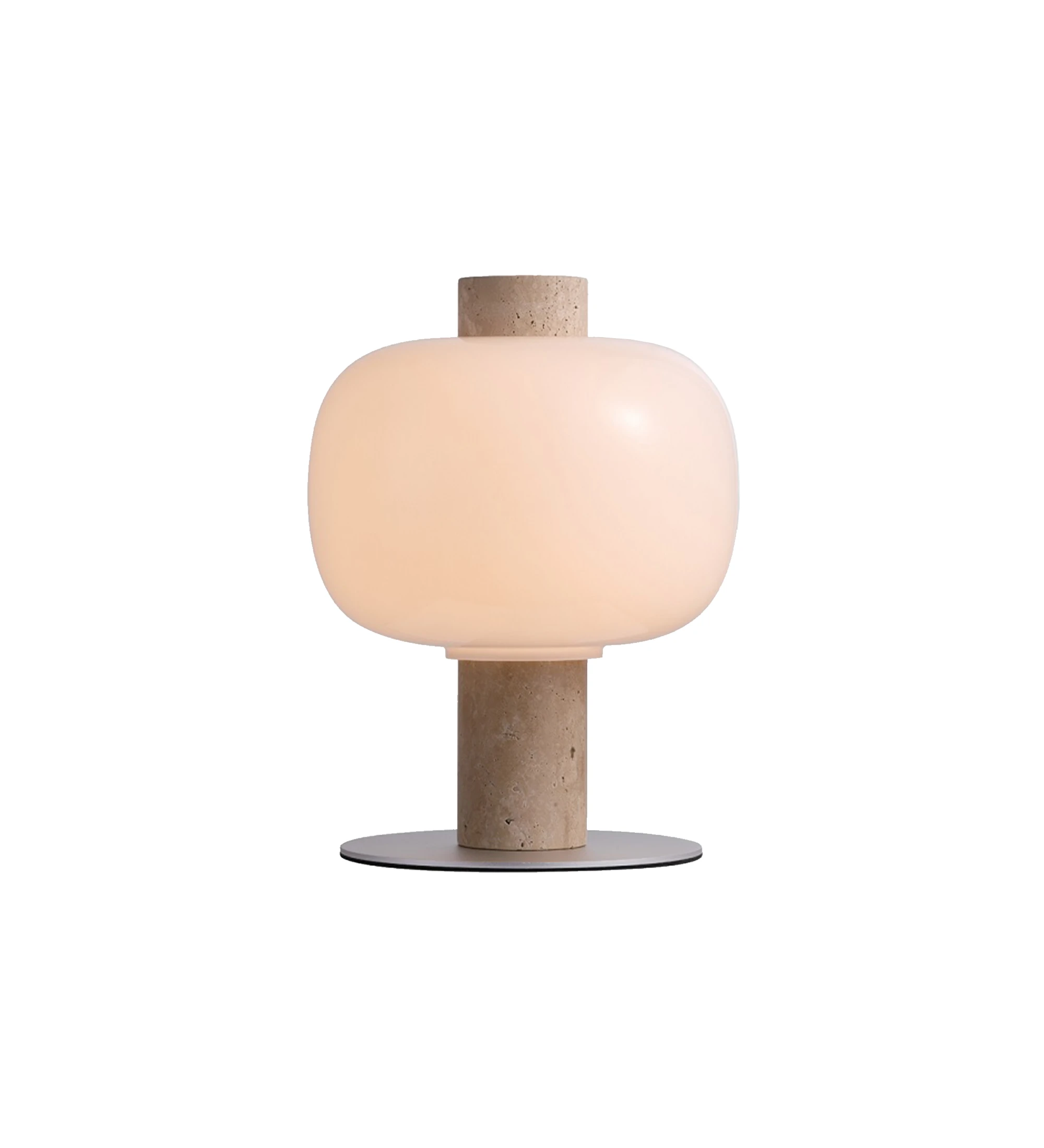 Table lamp with beige stone base and opal glass lampshade.