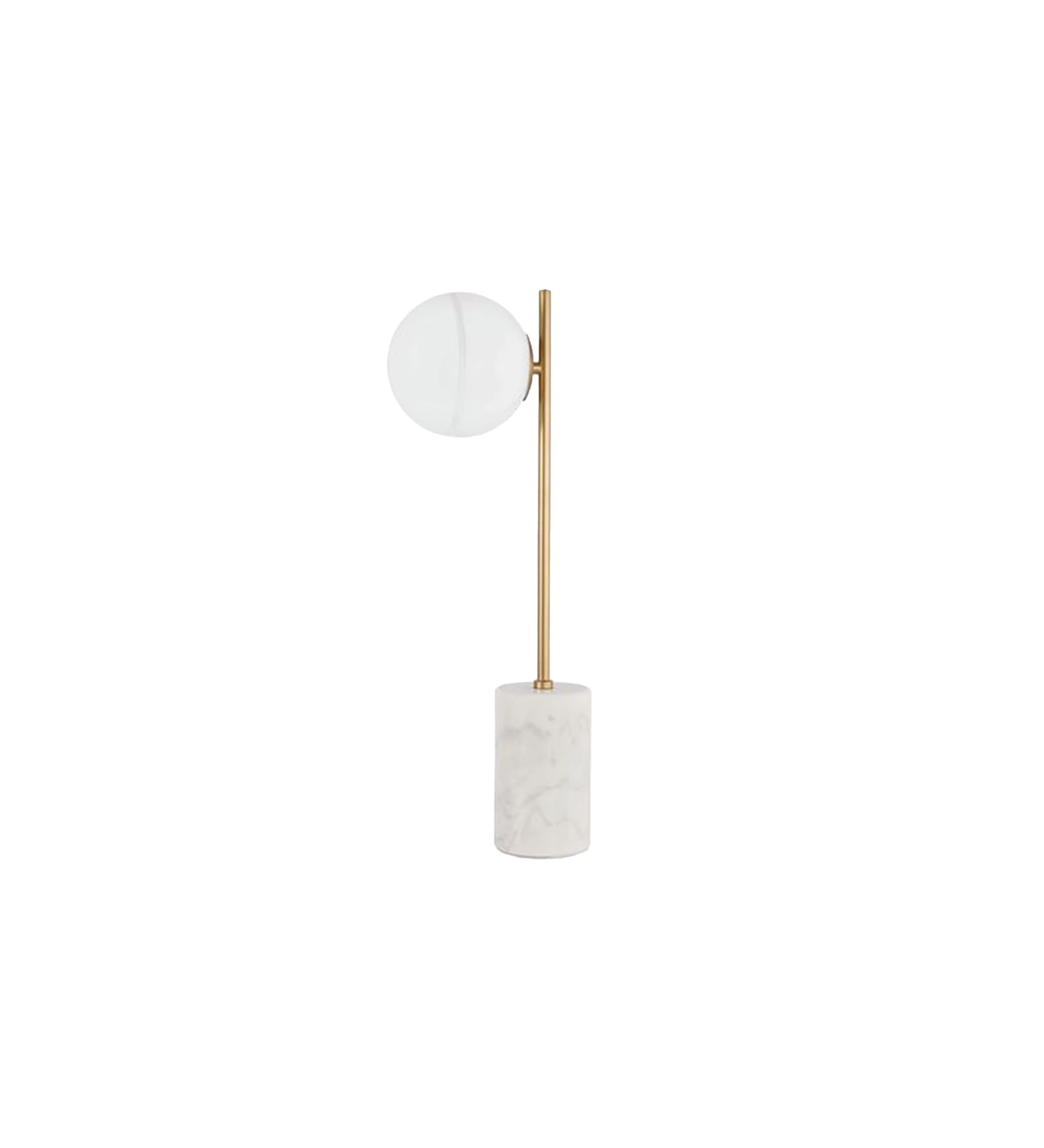 Table lamp with marble base, golden metal and opal structured glass lampshade.