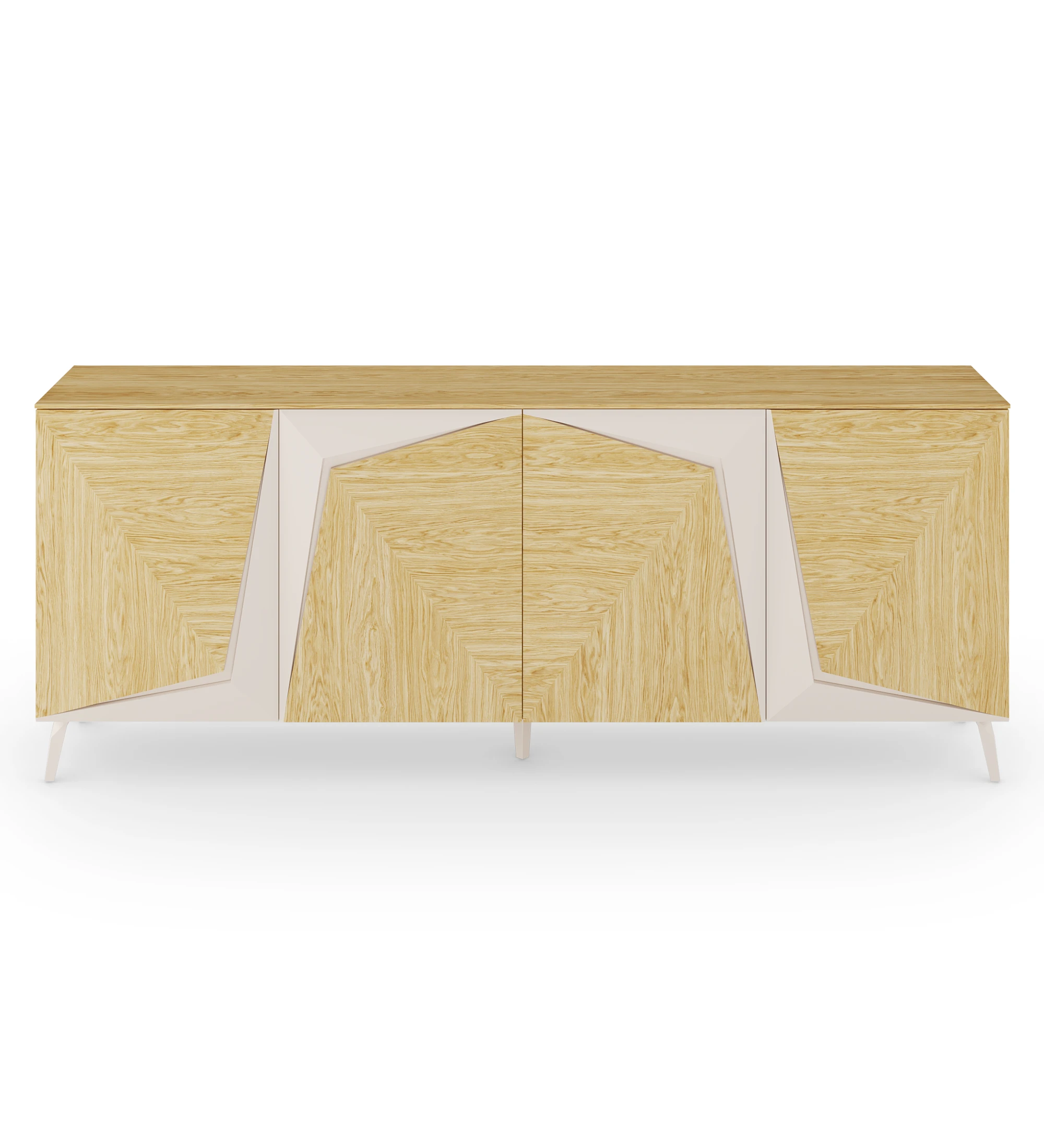 Sideboard with 4 doors in natural oak with pearl details, with natural oak structure and pearl lacquered metal base.