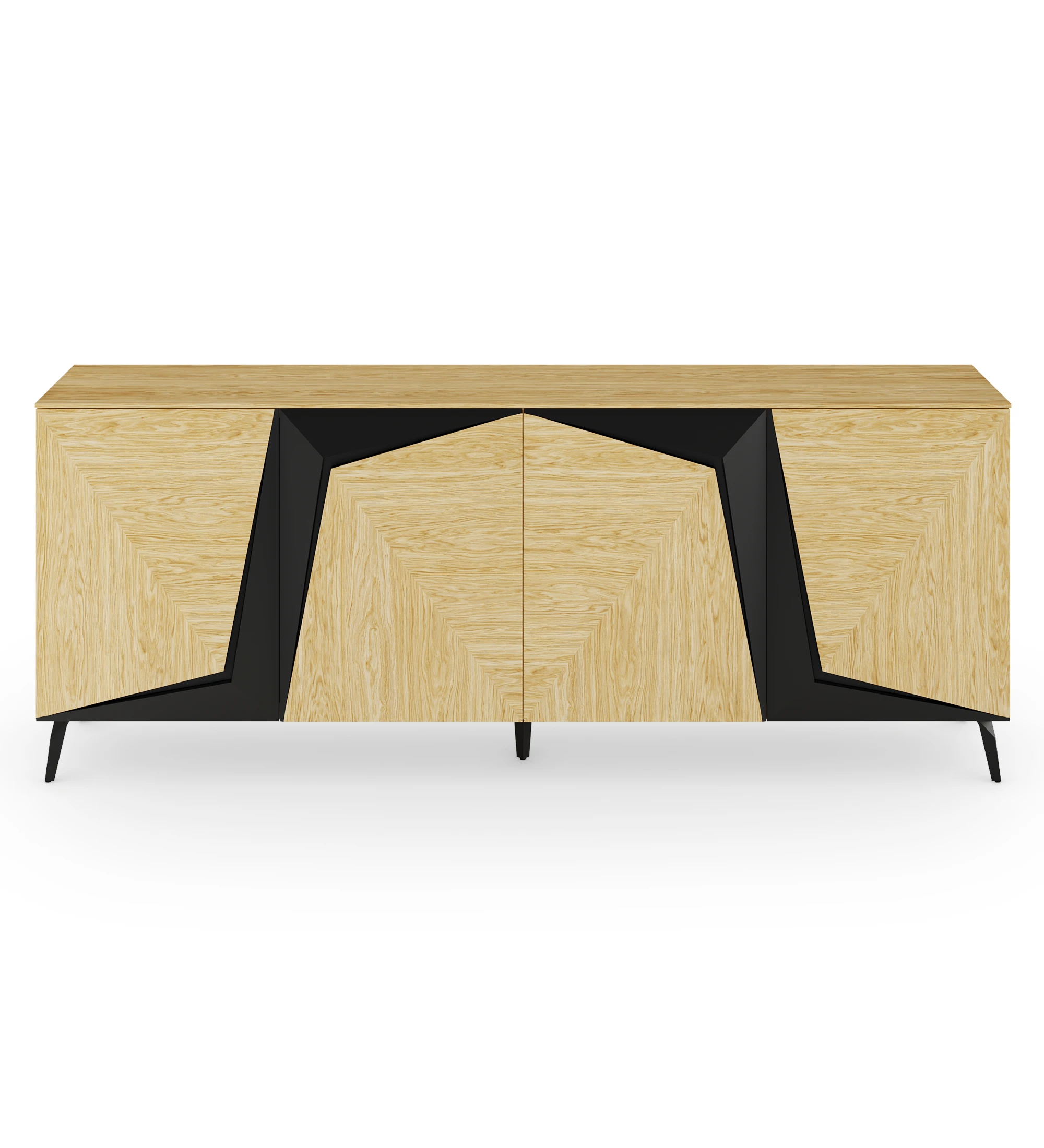 Sideboard with 4 doors in natural oak with black details, with natural oak structure and black lacquered metal base.