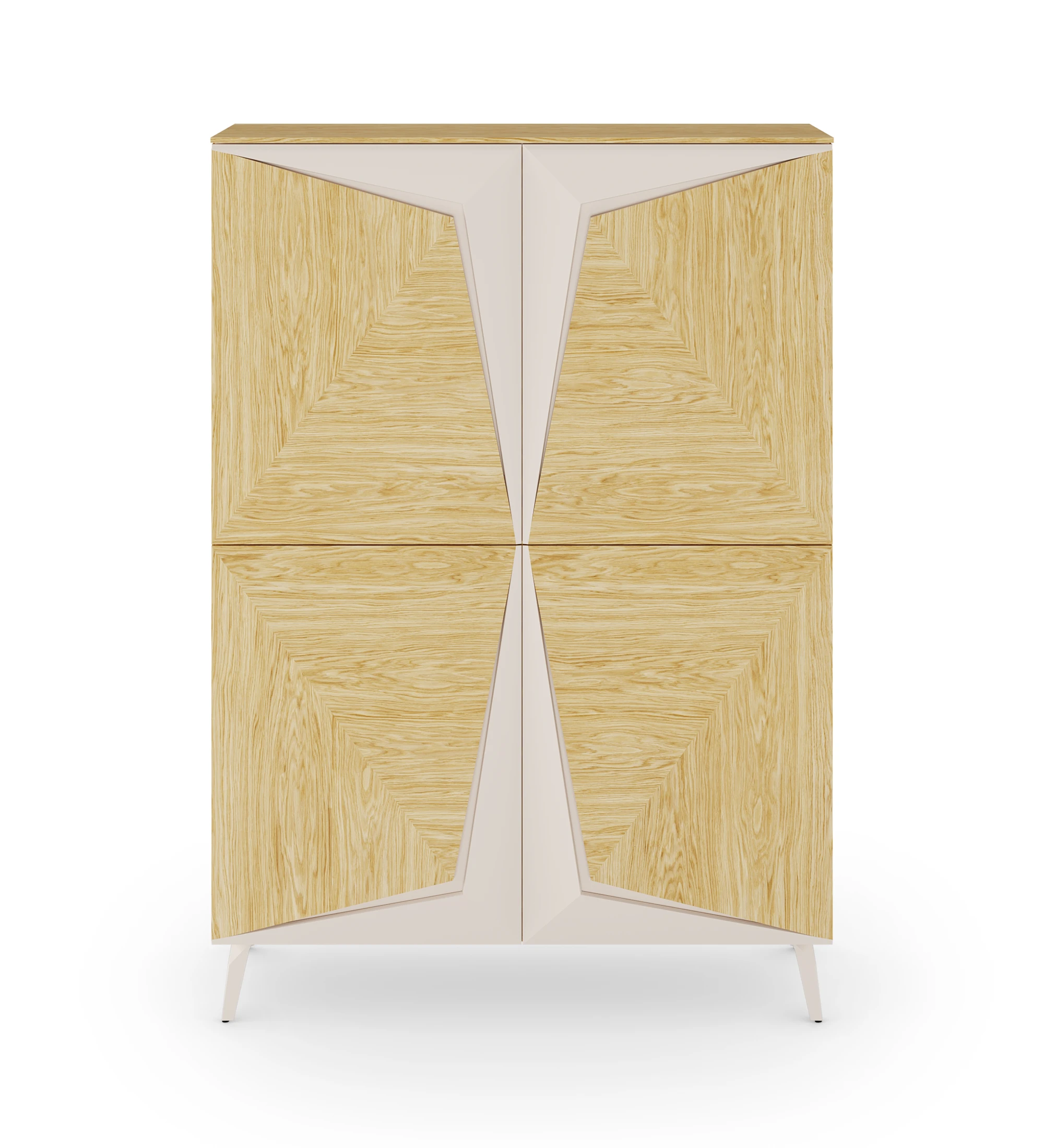 Cupboard with 4 doors in natural oak with pearl details, with natural oak structure and metal base lacquered in pearl.