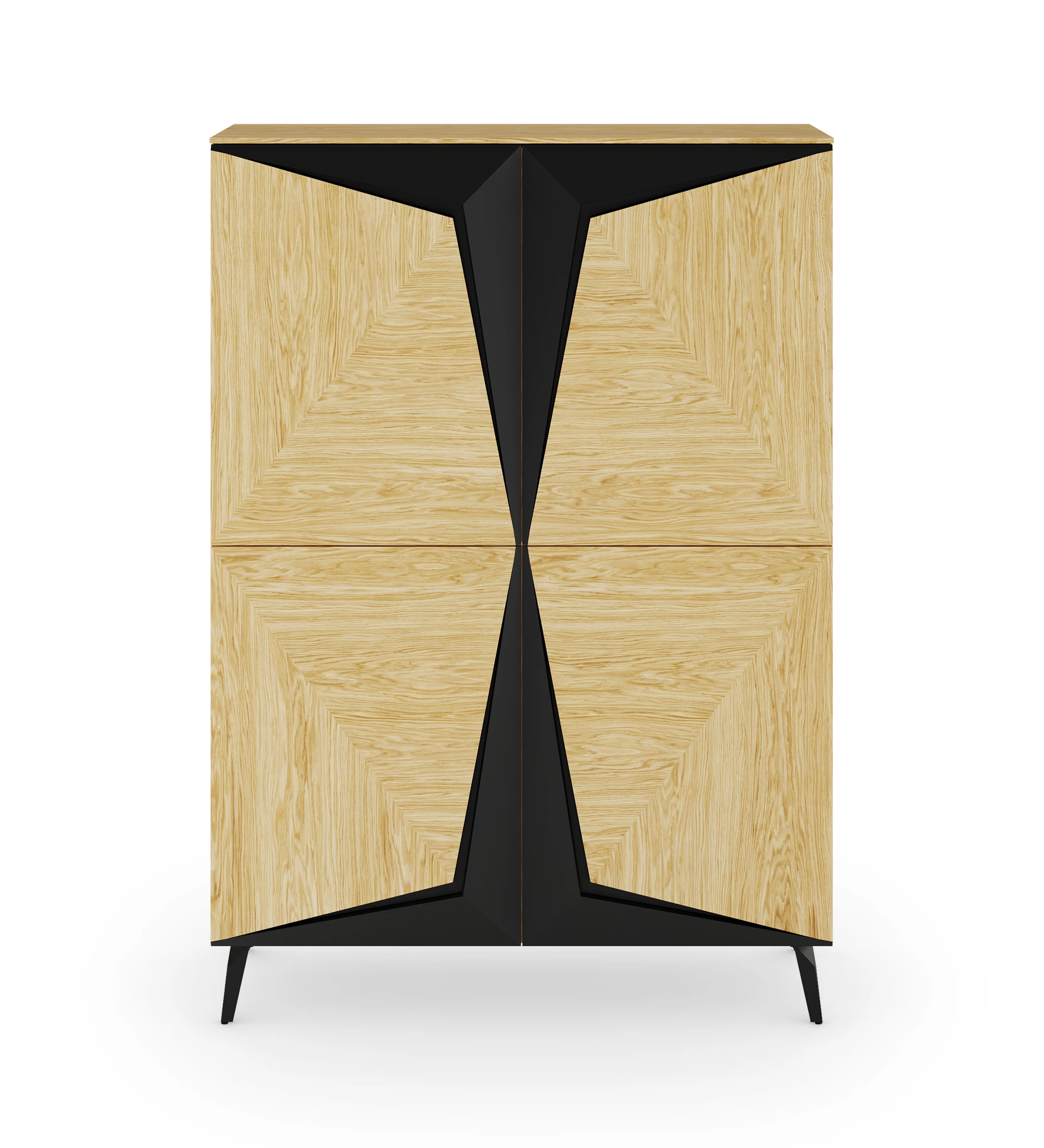 Cupboard with 4 doors in natural oak with black details, with natural oak structure and black lacquered metal base.