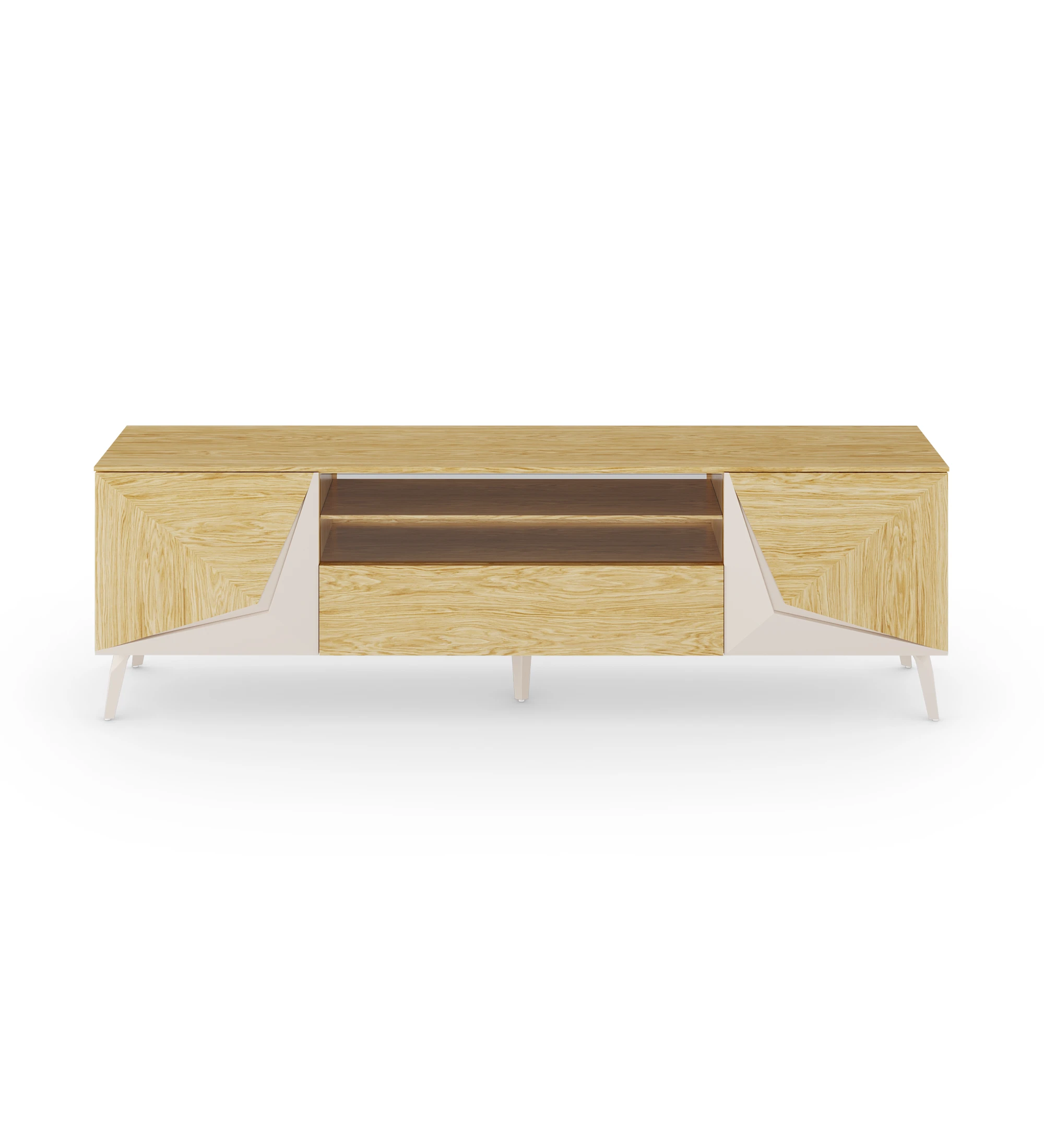 Évora TV stand with 2 doors and a drawer in natural oak with pearl details on the doors, with natural oak structure and metal foot lacquered in pearl.