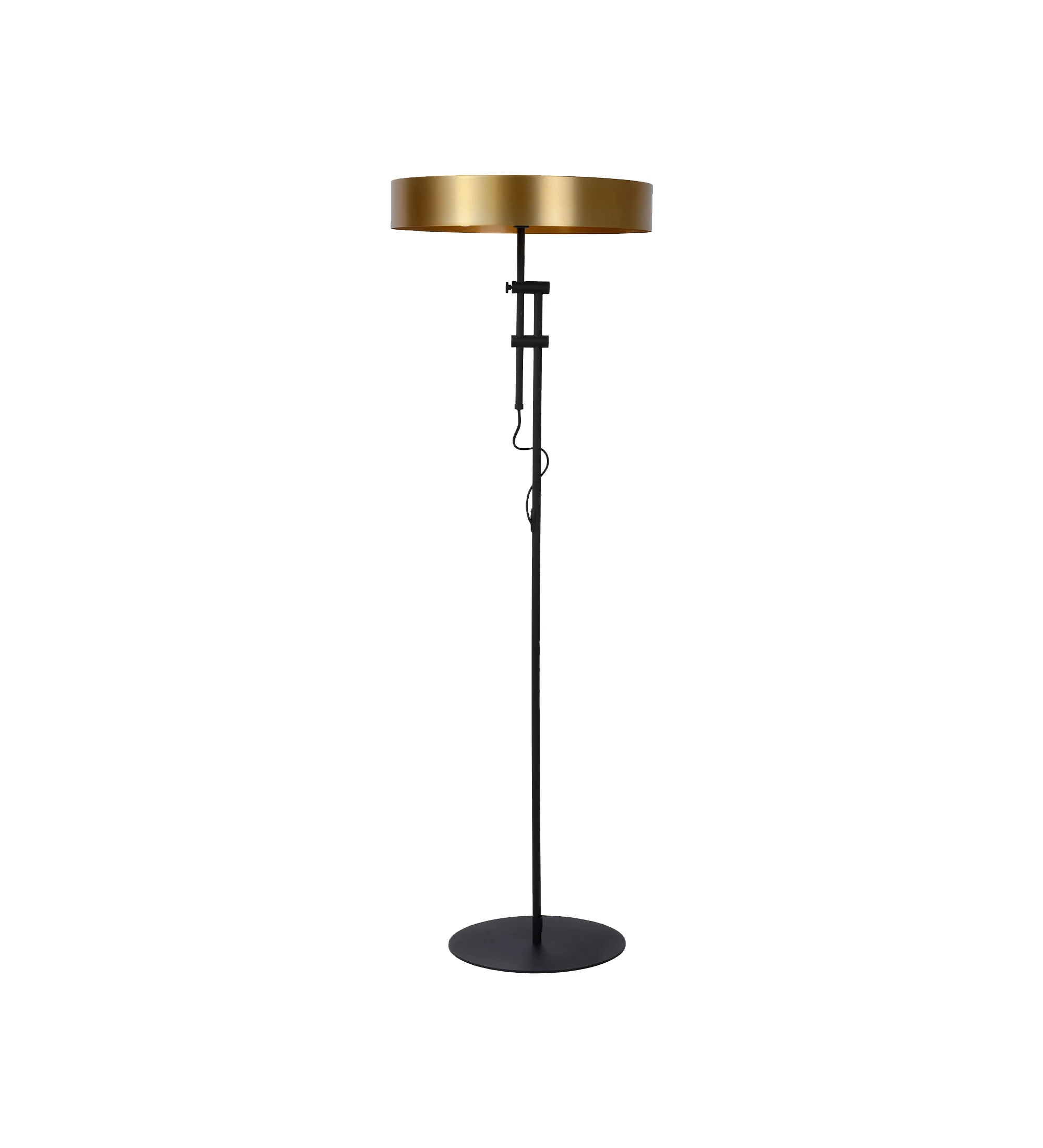 Floor lamp with black marble base and satin gold metal structure.