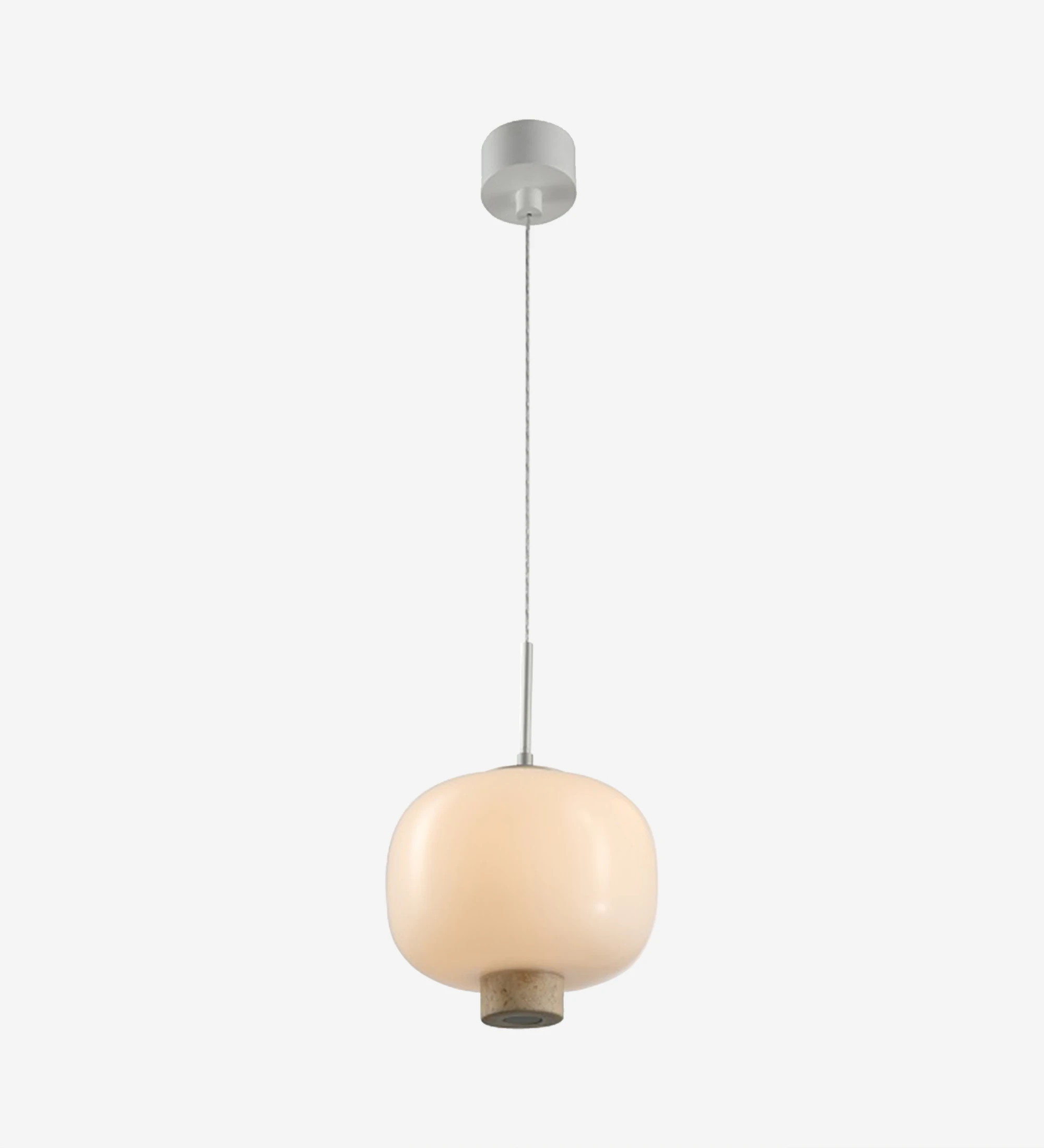  Suspension Lamp in silver aluminum, travertine and white glass.