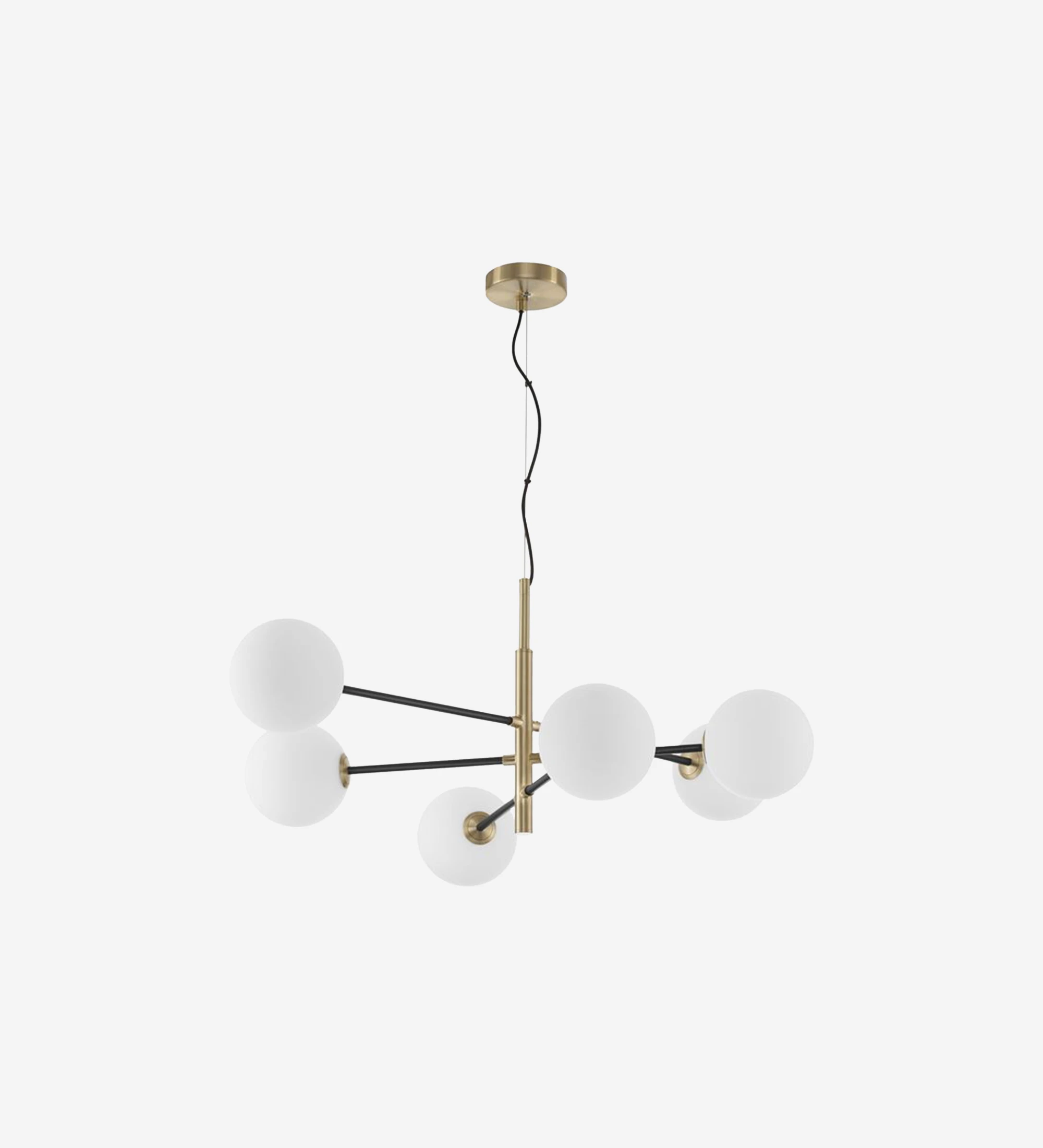  Suspension Lamp in satin gold, black metal and white opal glass.