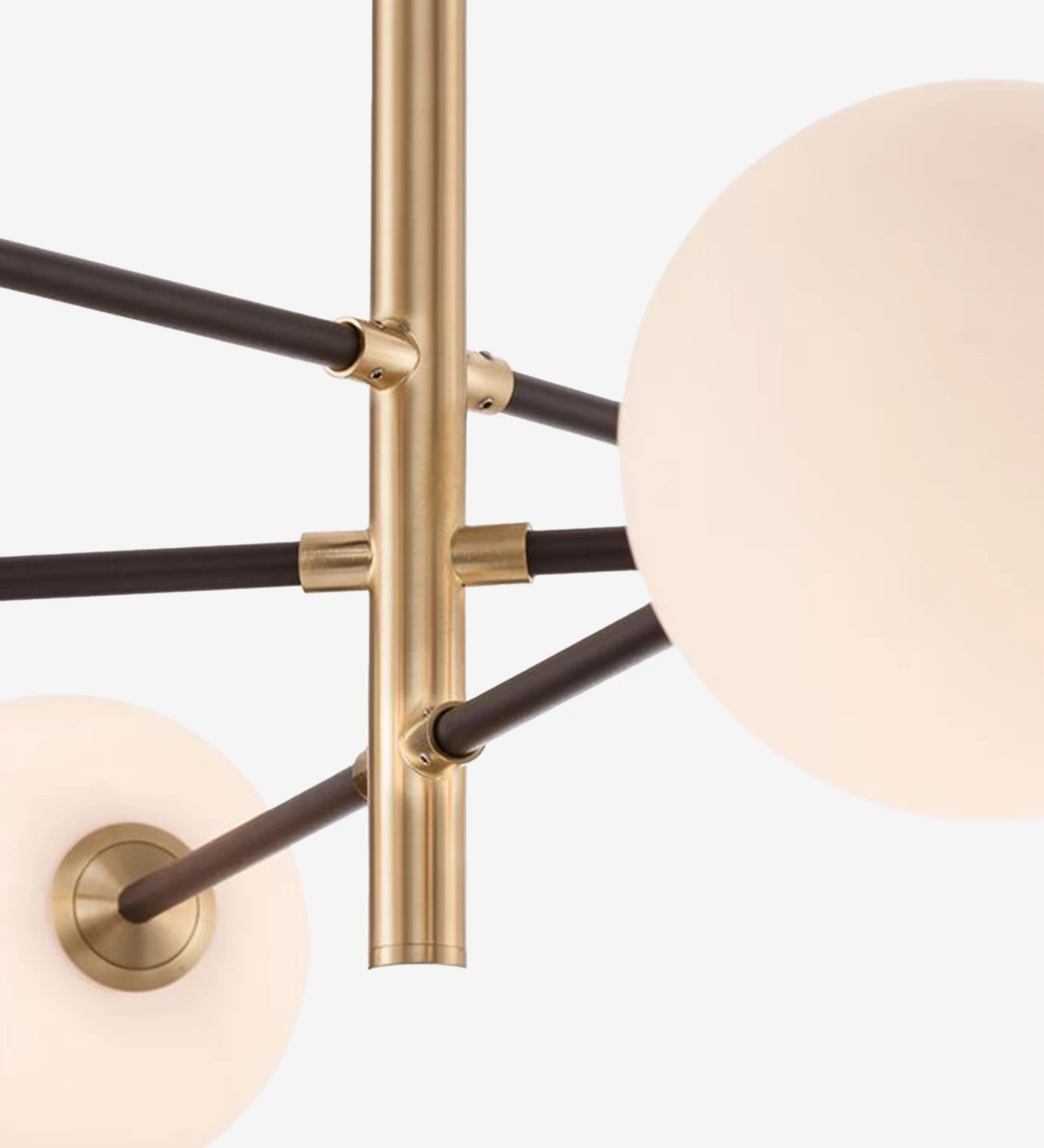  Suspension Lamp in satin gold, black metal and white opal glass.