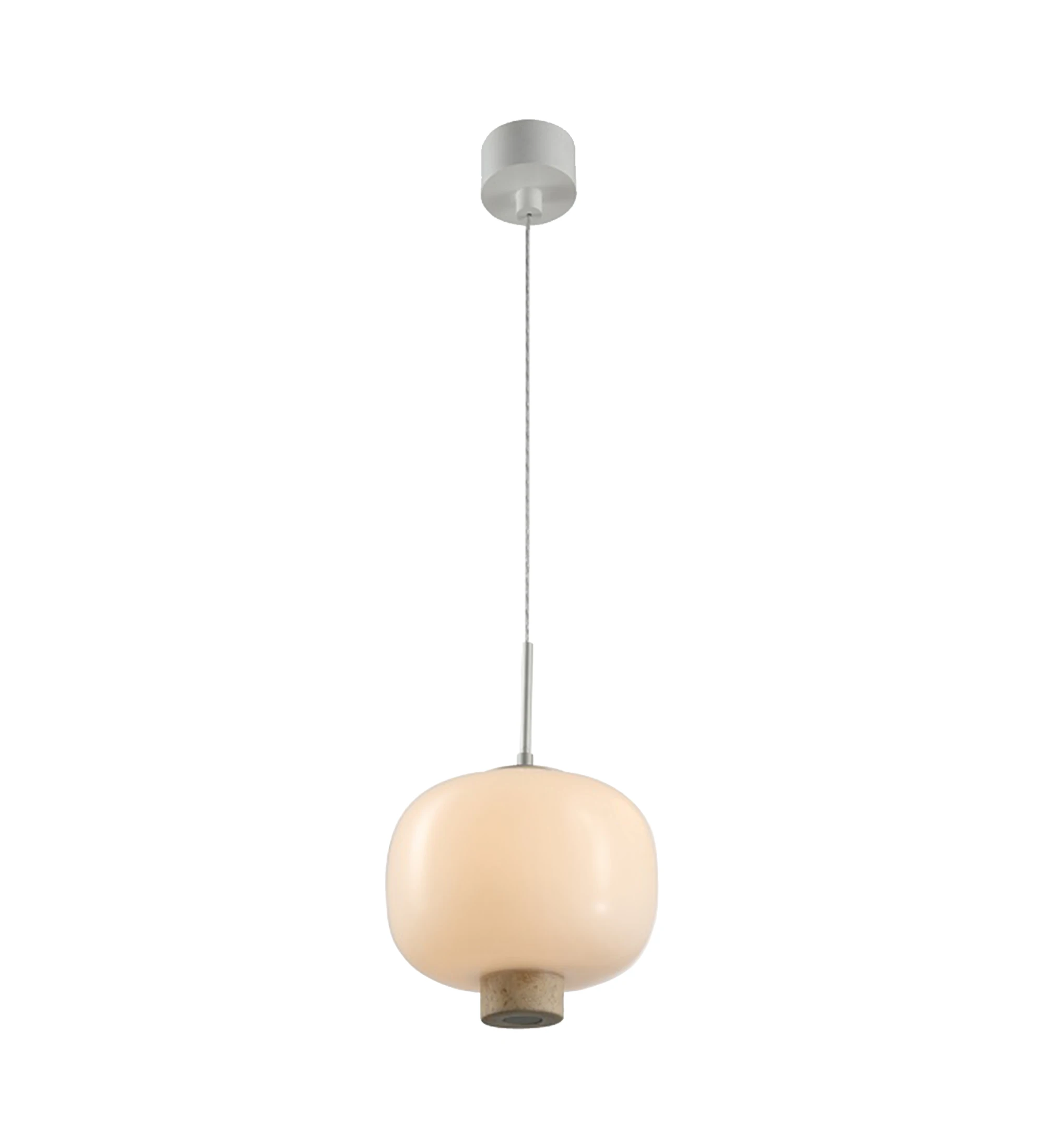  Suspension Lamp in silver aluminum, travertine and white glass.