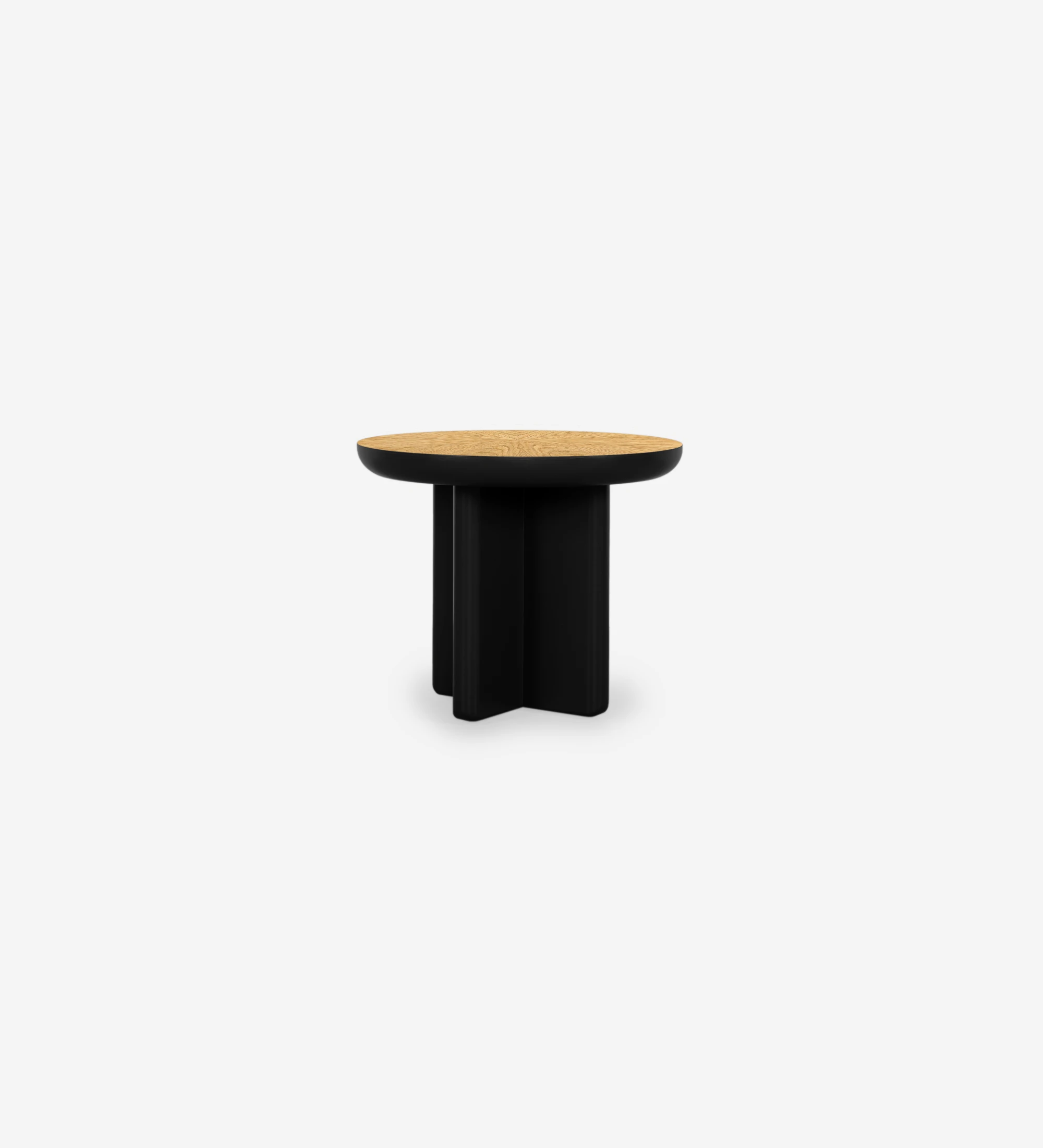 Mónaco round center table in black lacquer with natural oak veneer top, Ø 55 cm.