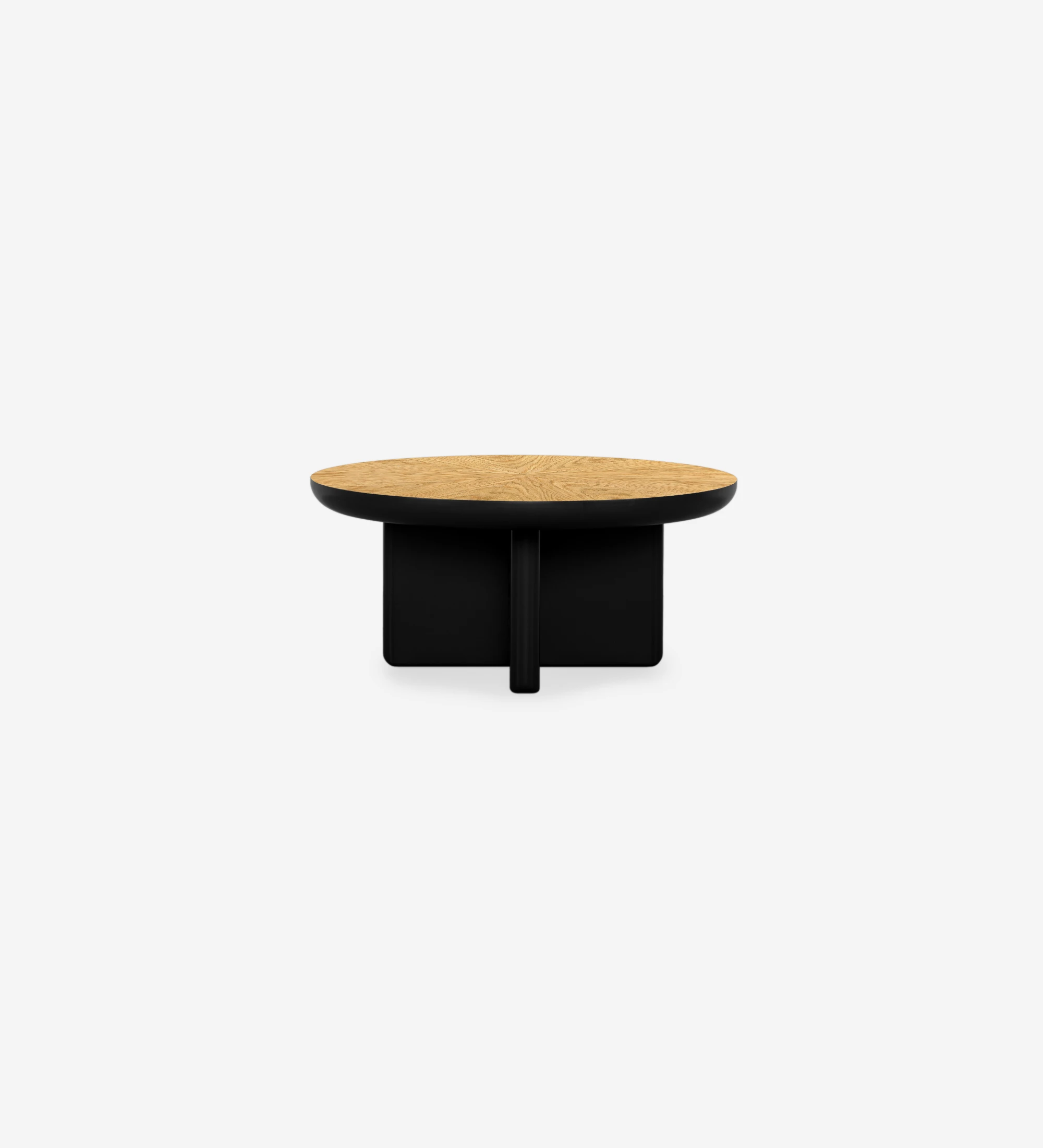 Mónaco round center table in black lacquer with natural oak veneer top, Ø 75 cm.