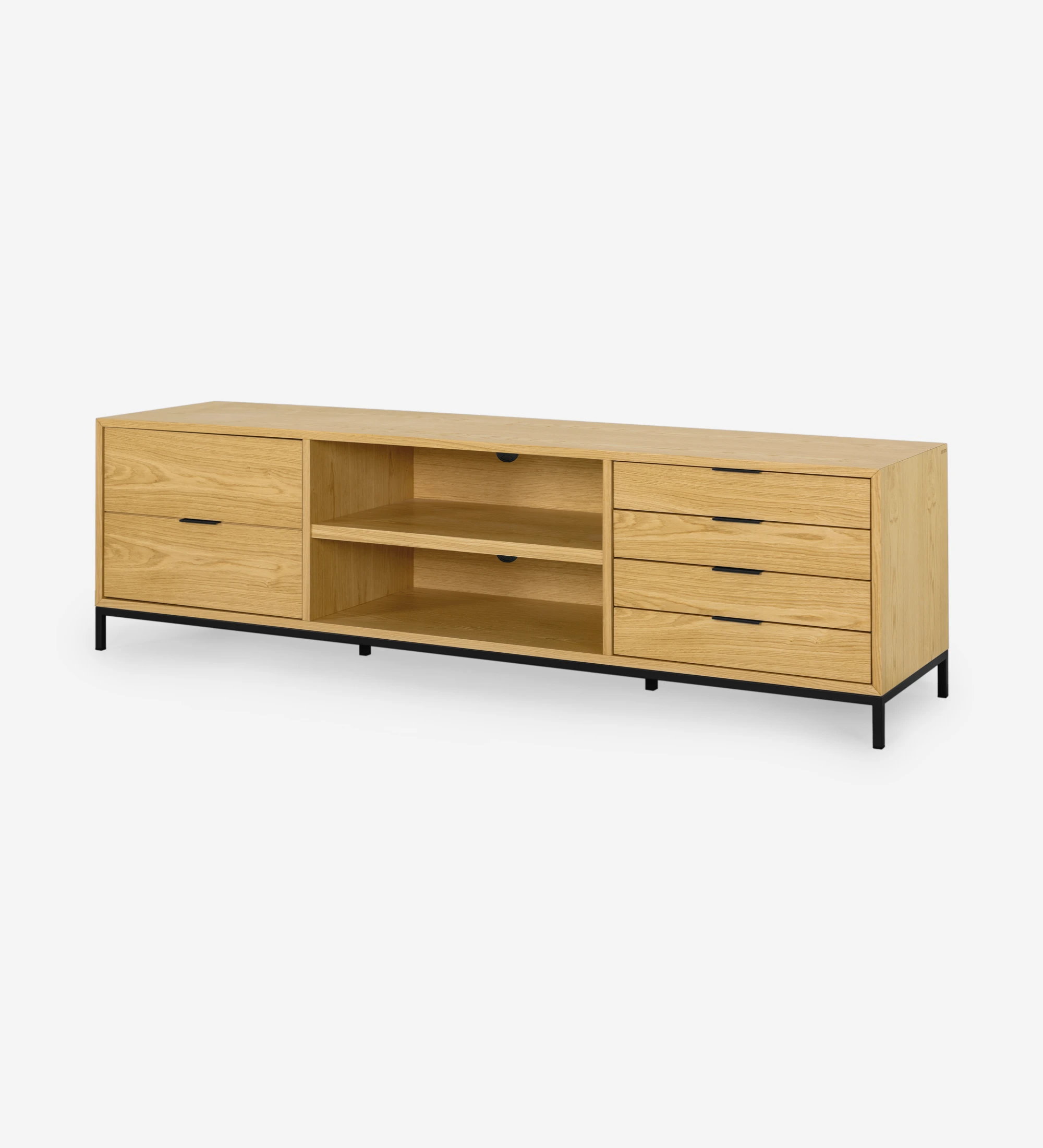 Antarte by AI TV stand 1 door and 4 drawers in natural oak, black lacquered metal feet, 195 x 56 cm.