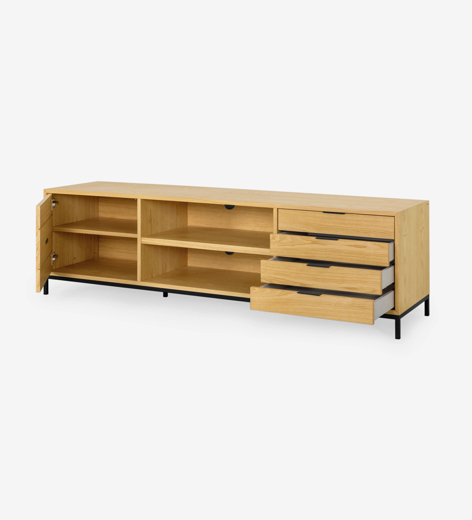 Antarte by AI TV stand 1 door and 4 drawers in natural oak, black lacquered metal feet, 195 x 56 cm.