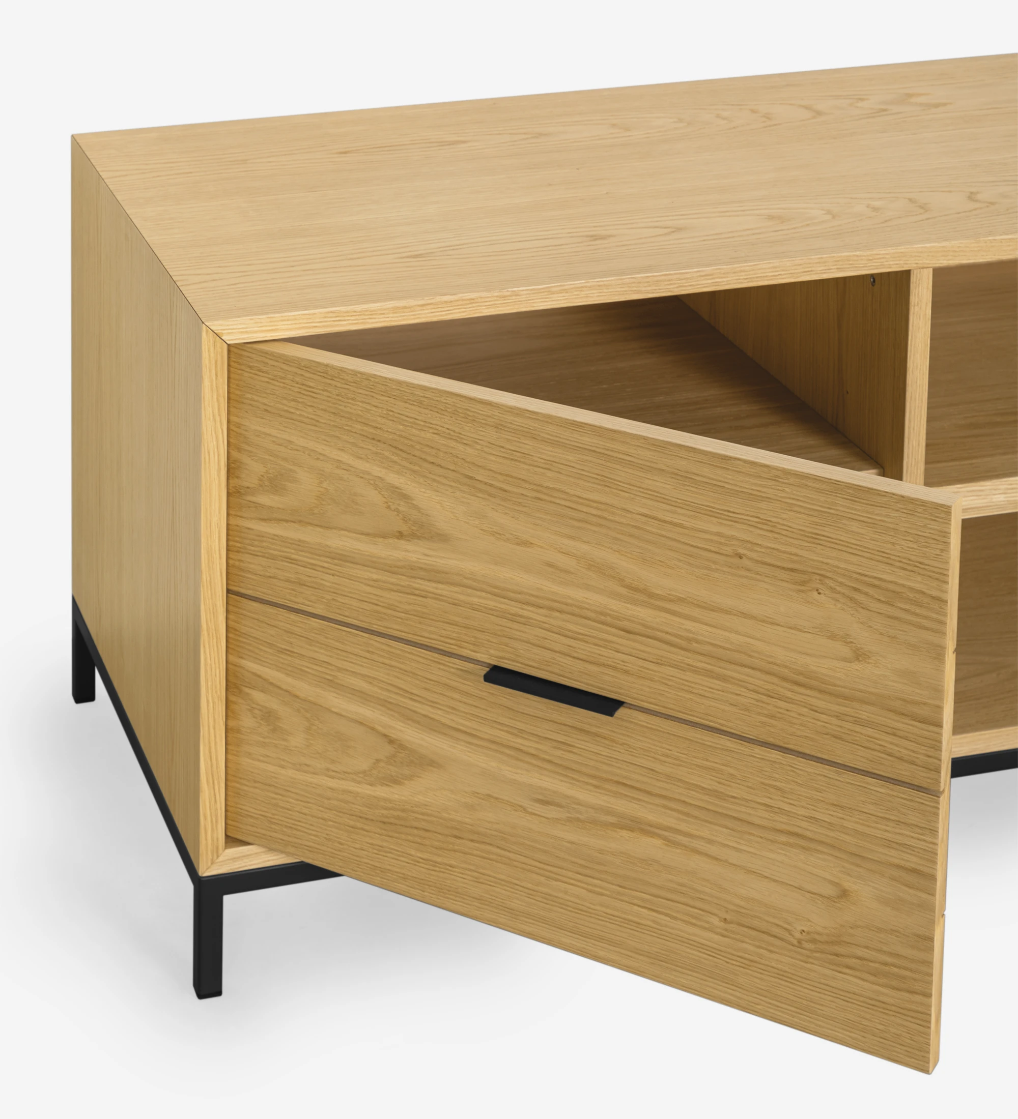 Antarte by AI TV stand 1 door and 4 drawers in natural oak, black lacquered metal feet, 195 x 56 cm.