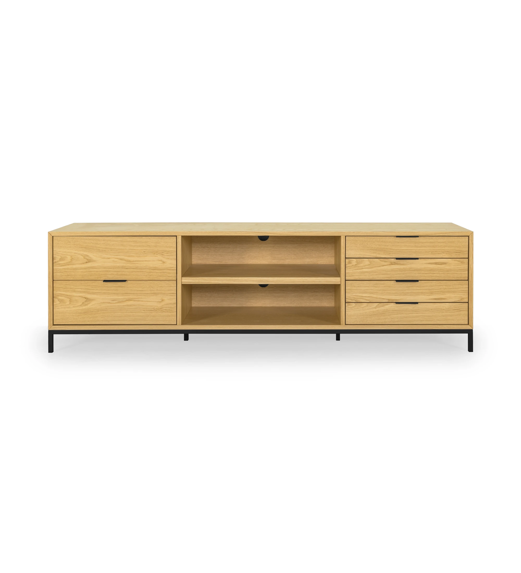 Antarte by AI TV stand 1 door and 4 drawers in natural oak, black lacquered metal feet, 195 x 56 cm.