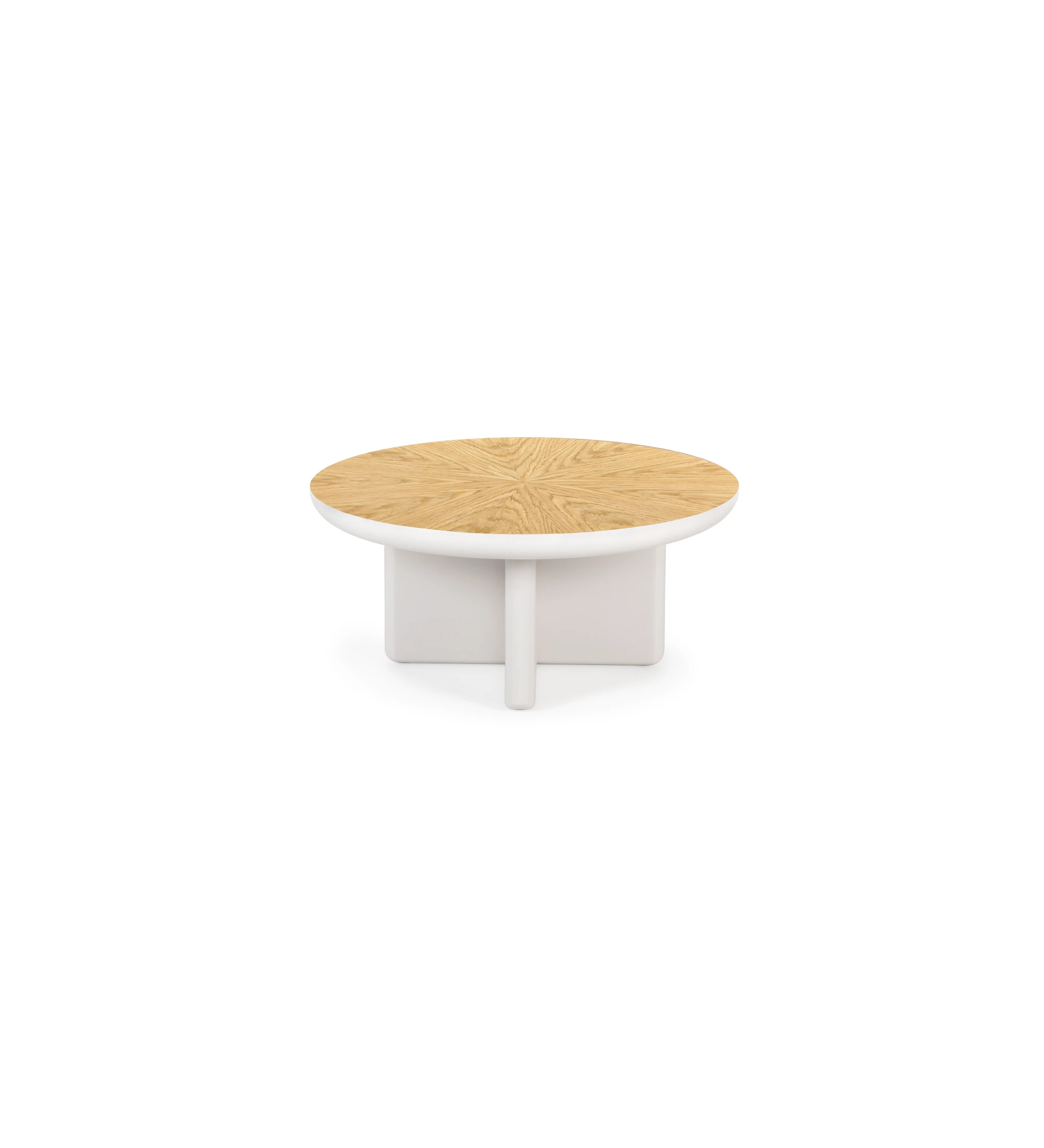 Mónaco round center table in pearl lacquer with natural oak veneer top, Ø 75 cm.