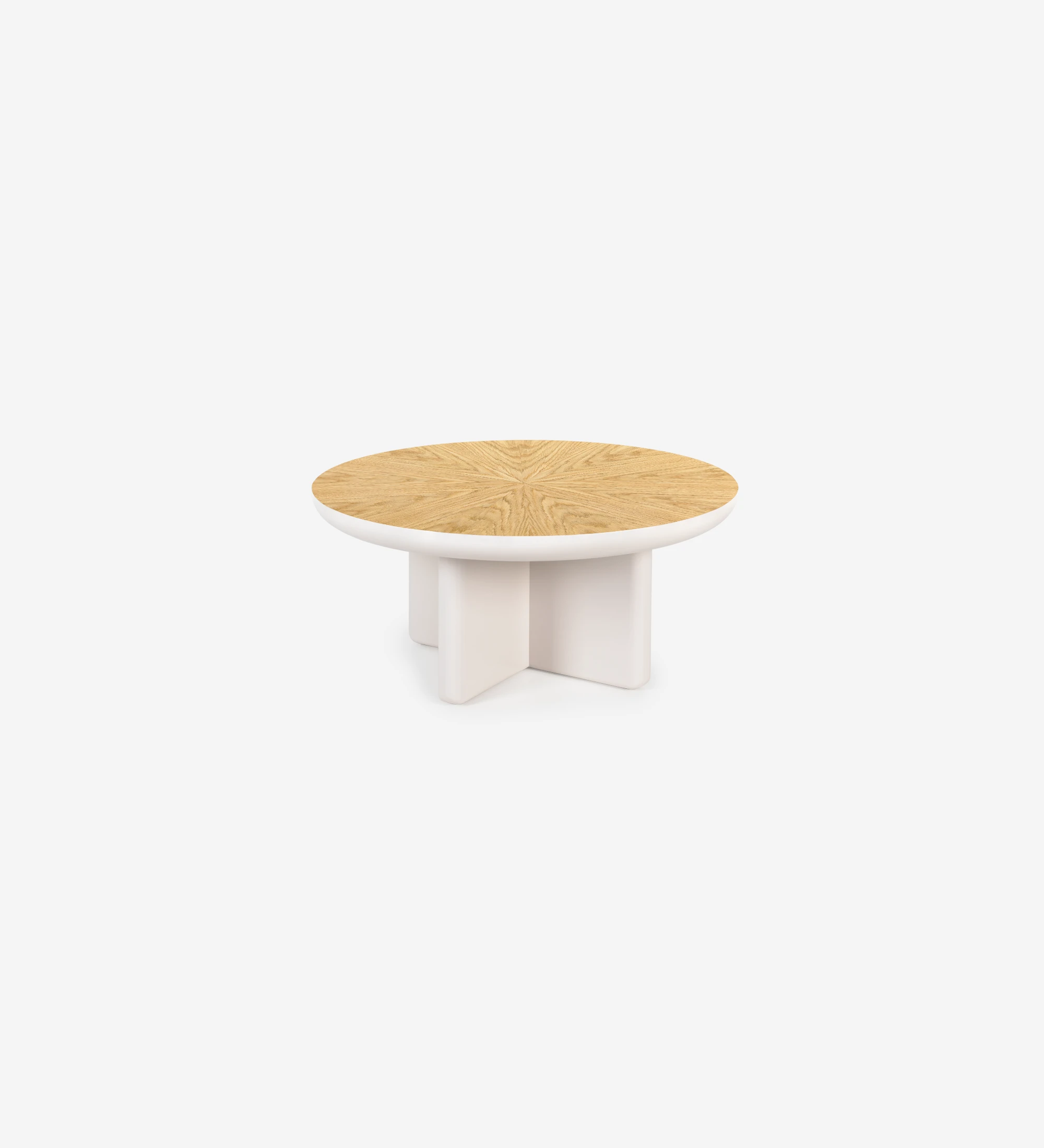 Mesa de centro Monaco lacada en perla con tapa chapada en roble natural, Ø 75 cm.