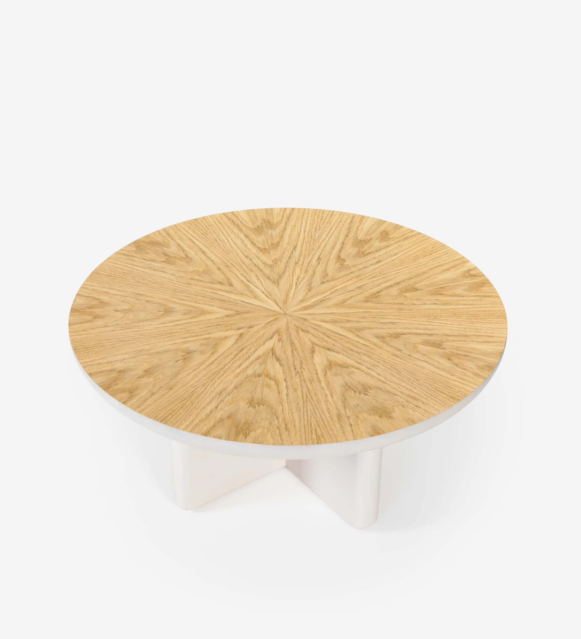 Mónaco round center table in pearl lacquer with natural oak veneer top, Ø 75 cm.