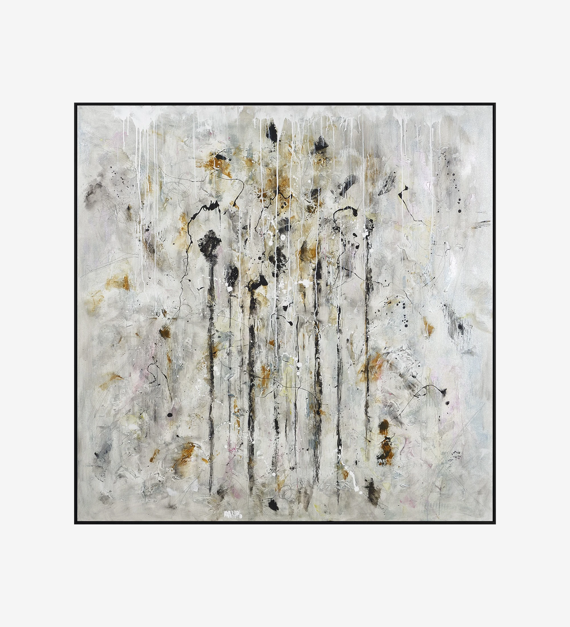 Peinture abstraite aux tons neutres, cadre en bois noir, 100 x 100 cm.