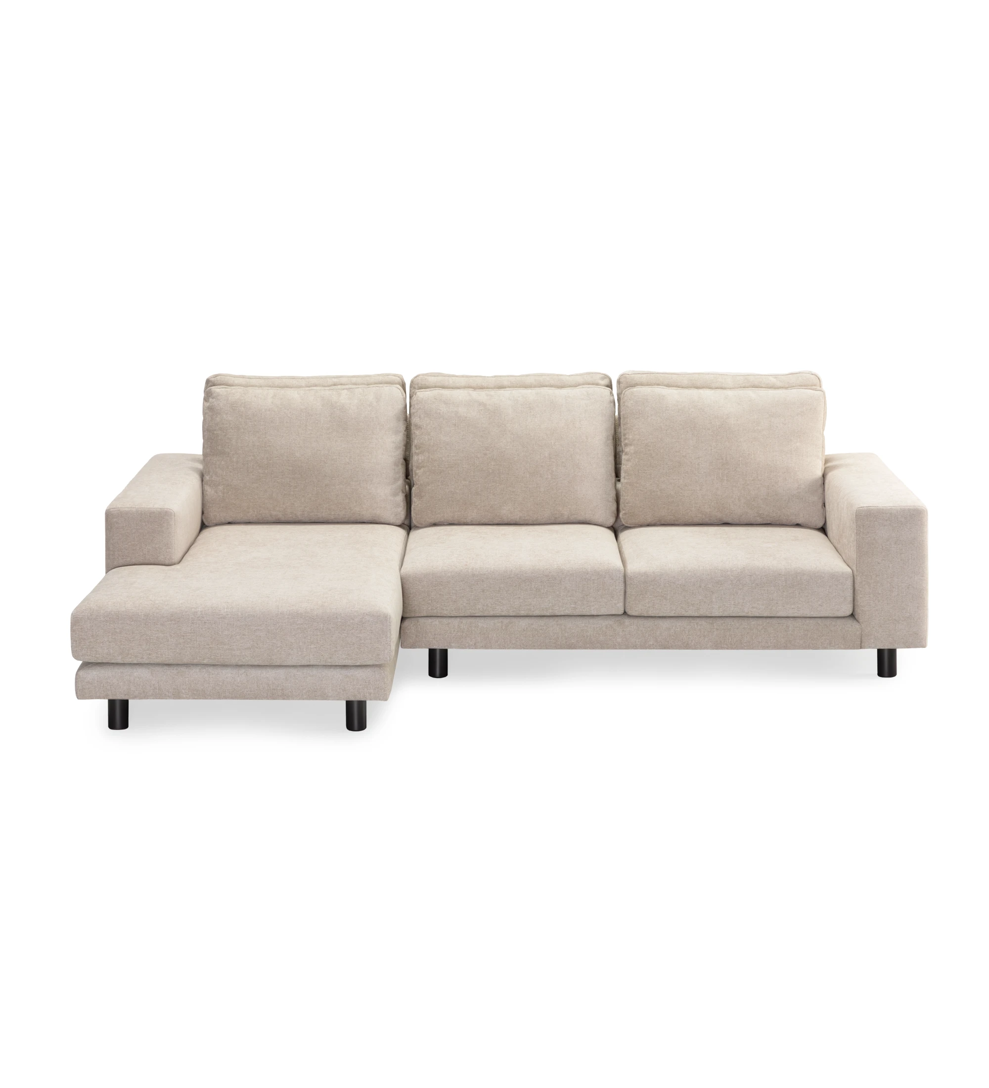 Sofá Dallas 2 plazas y chaise longue izquierda, tapizado en tela beige, cojines respaldo abatibles, pies lacados negro, 273 cm.