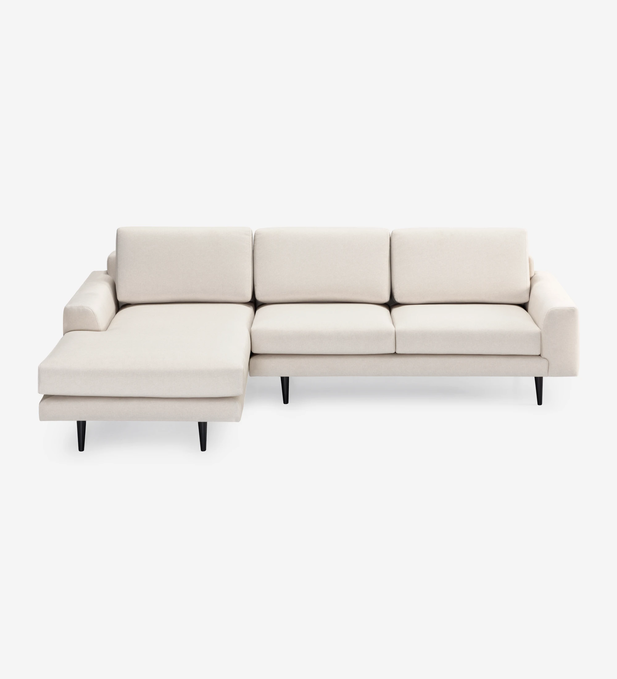 Sofá Oslo 2 plazas y chaise longue izquierda, tapizado en tela beige, pies lacados marrón oscuro, 262 cm.