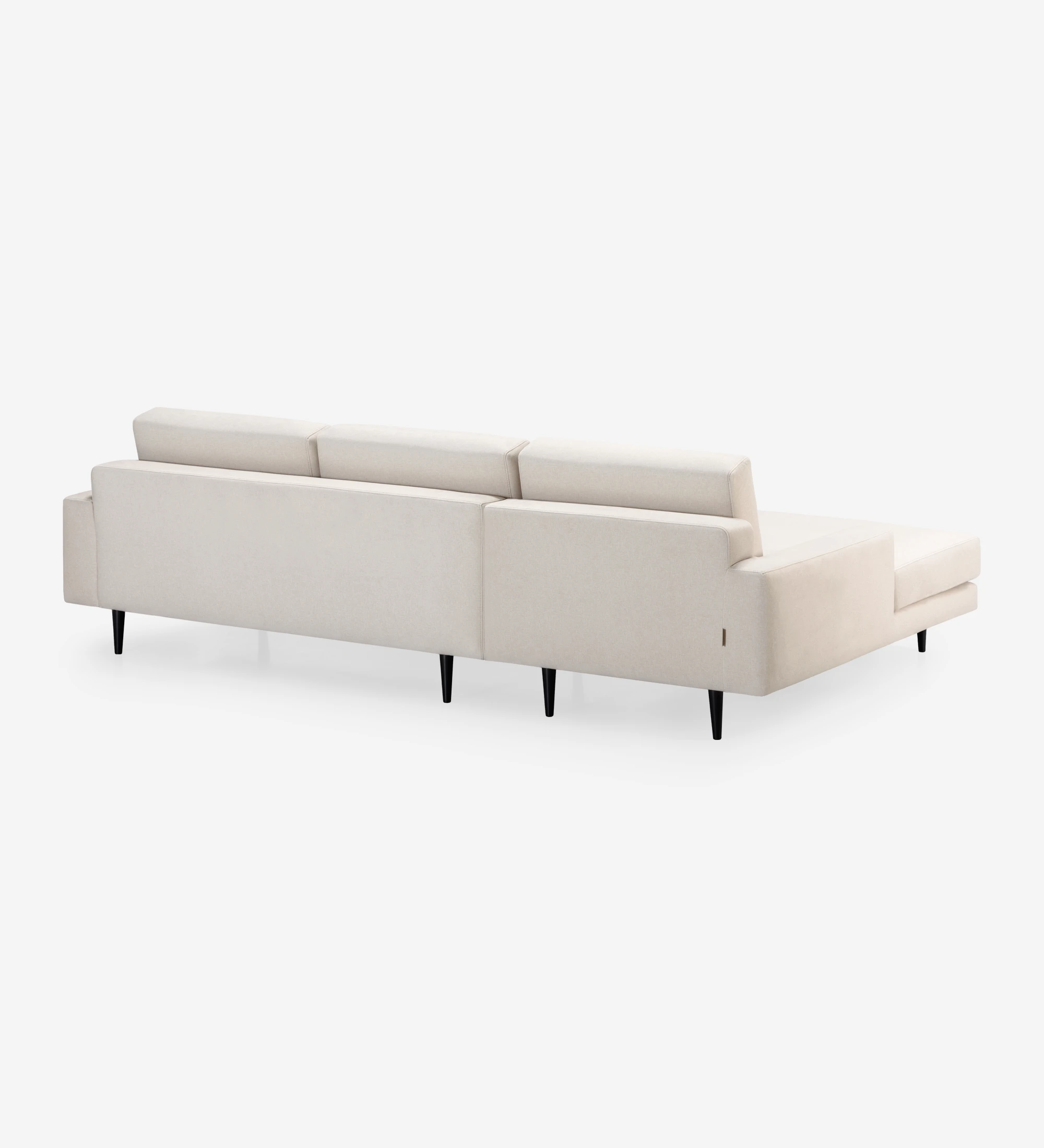 Sofá Oslo 2 plazas y chaise longue izquierda, tapizado en tela beige, pies lacados marrón oscuro, 262 cm.