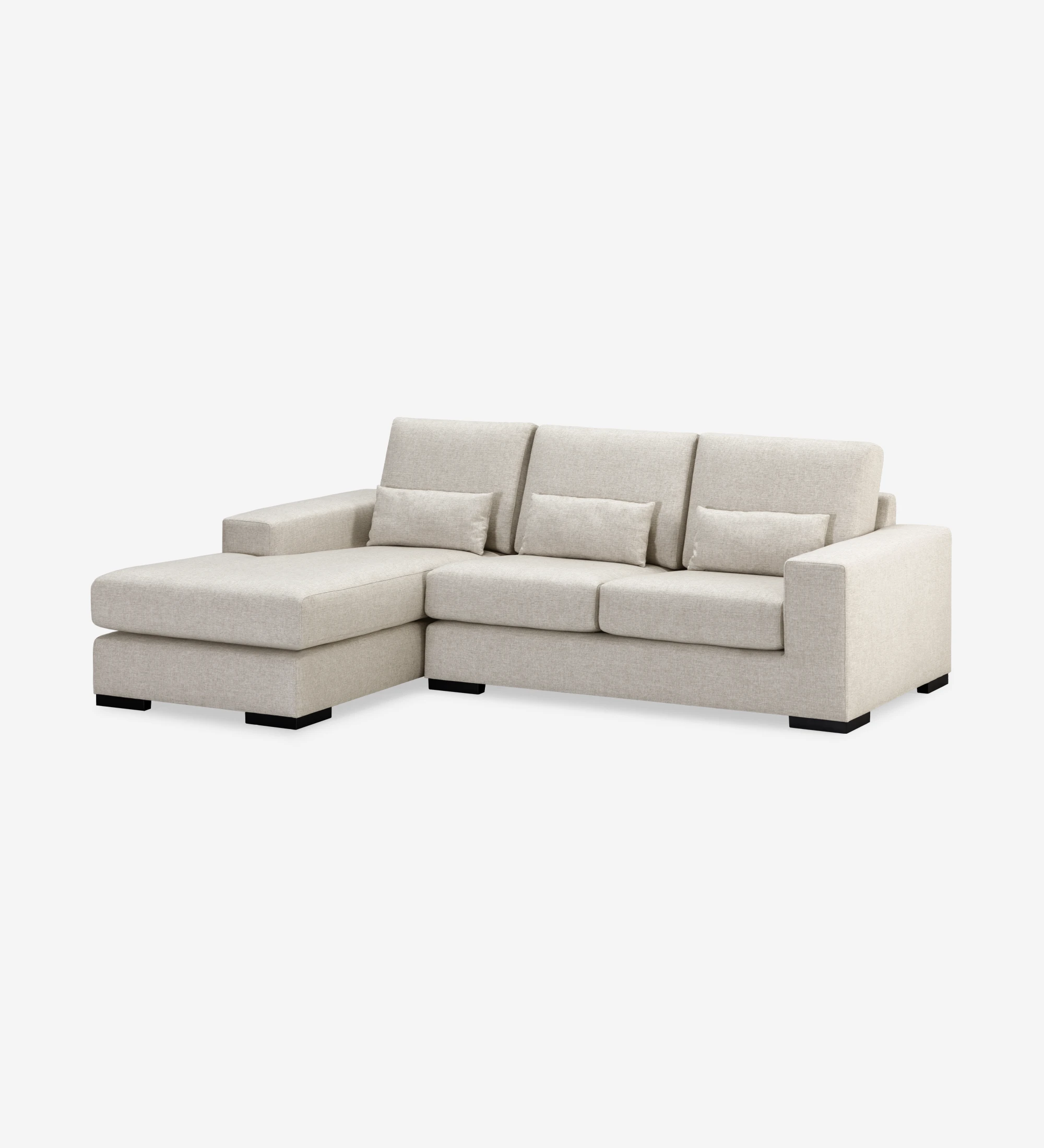 Sofá Geneve 2 plazas y chaise longue izquierda, tapizado en tela beige, 241 cm.